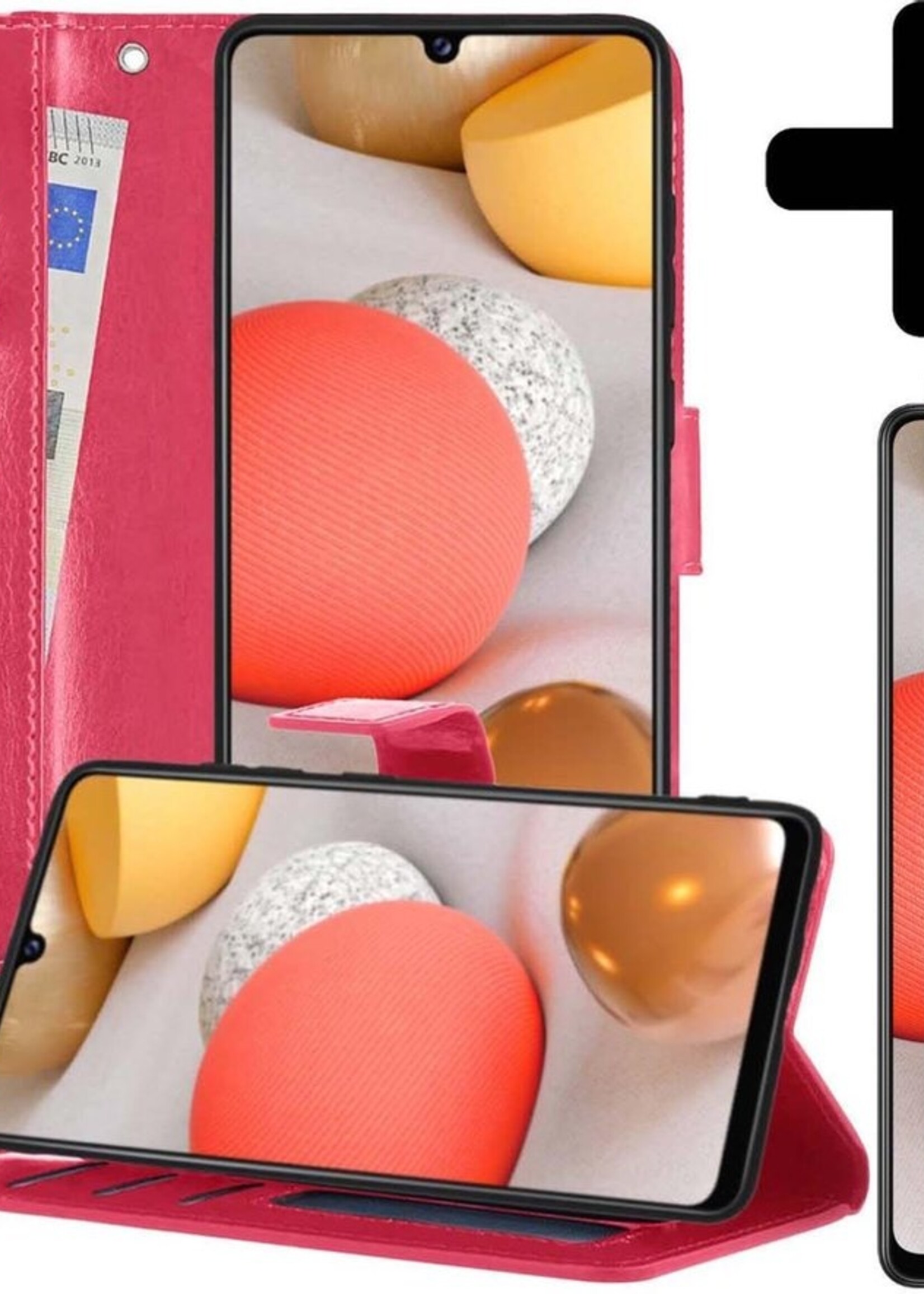 LUQ Hoesje Geschikt voor Samsung A42 Hoesje Book Case Hoes Wallet Cover Met 2x Screenprotector - Hoes Geschikt voor Samsung Galaxy A42 Hoesje Bookcase Hoes - Donkerroze