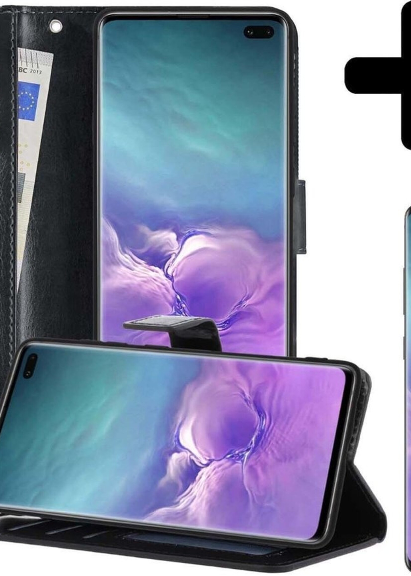 LUQ Hoesje Geschikt voor Samsung S10 Hoesje Book Case Hoes Wallet Cover Met Screenprotector - Hoes Geschikt voor Samsung Galaxy S10 Hoesje Bookcase Hoes - Zwart