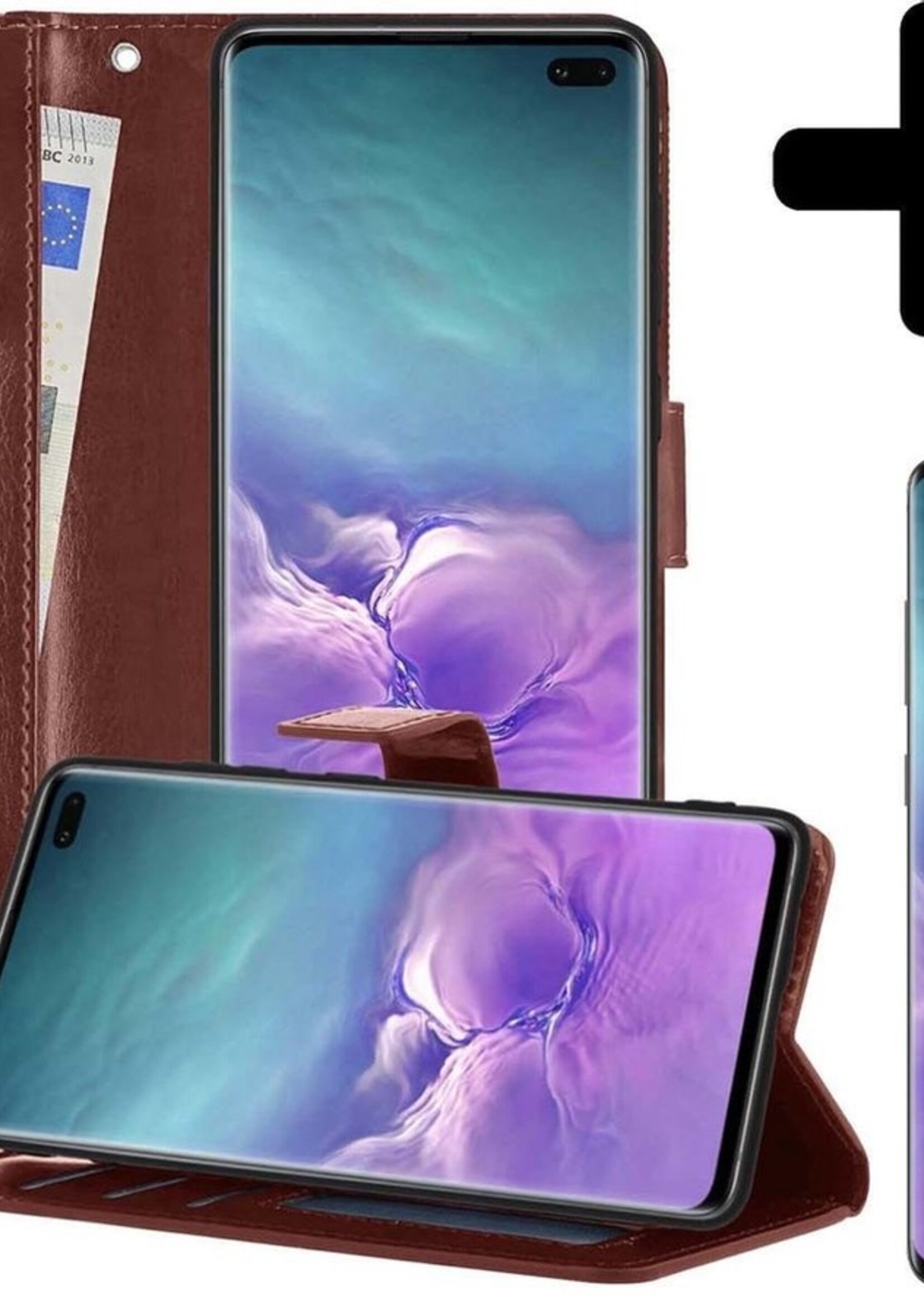 LUQ Hoesje Geschikt voor Samsung S10 Hoesje Book Case Hoes Wallet Cover Met Screenprotector - Hoes Geschikt voor Samsung Galaxy S10 Hoesje Bookcase Hoes - Bruin