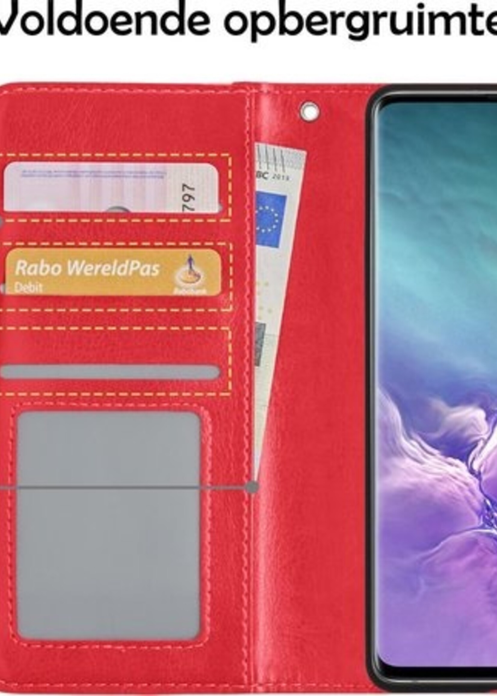 LUQ Hoesje Geschikt voor Samsung S10 Hoesje Book Case Hoes Wallet Cover Met Screenprotector - Hoes Geschikt voor Samsung Galaxy S10 Hoesje Bookcase Hoes - Rood