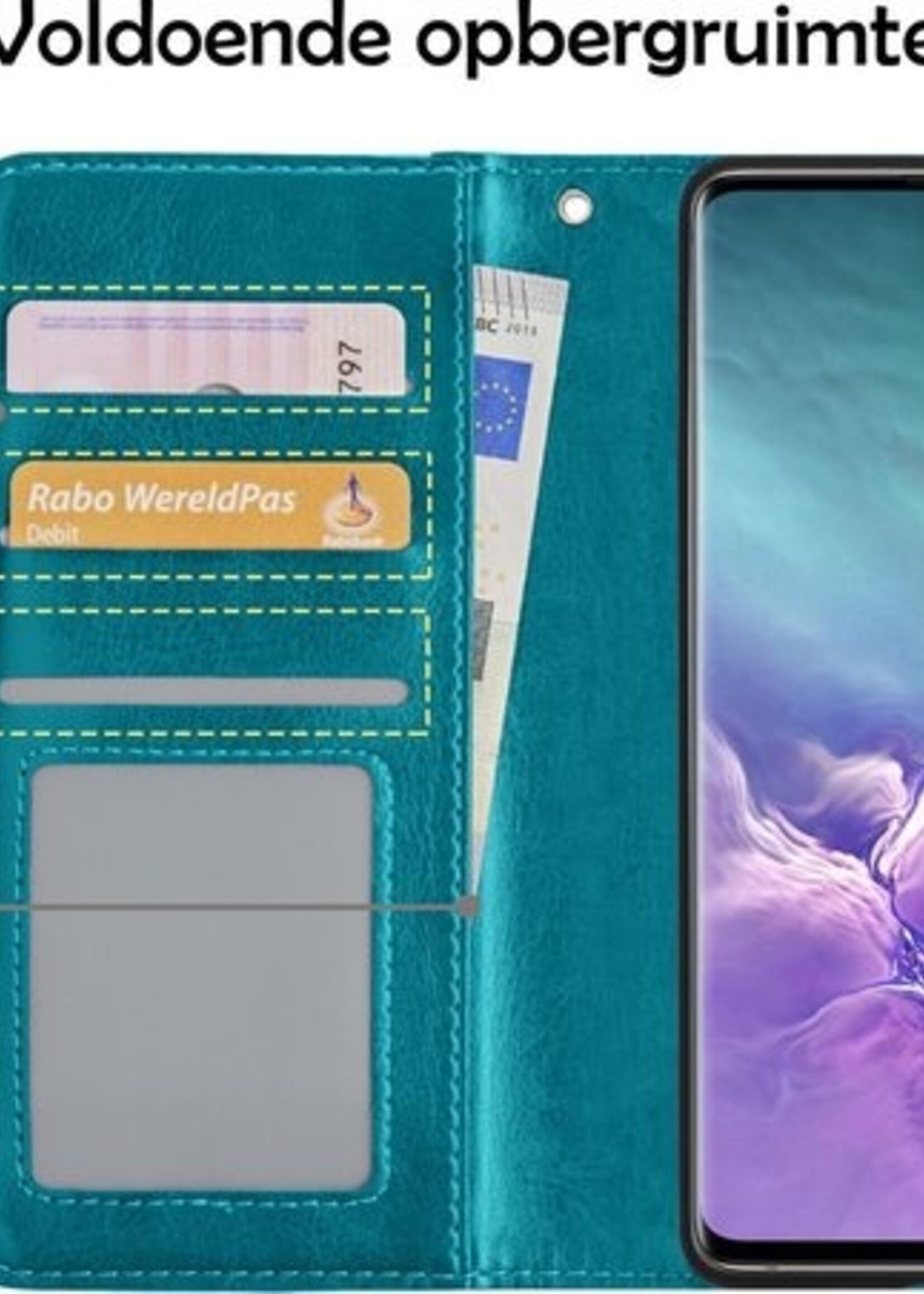 LUQ Hoesje Geschikt voor Samsung S10 Hoesje Book Case Hoes Wallet Cover Met Screenprotector - Hoes Geschikt voor Samsung Galaxy S10 Hoesje Bookcase Hoes - Turquoise