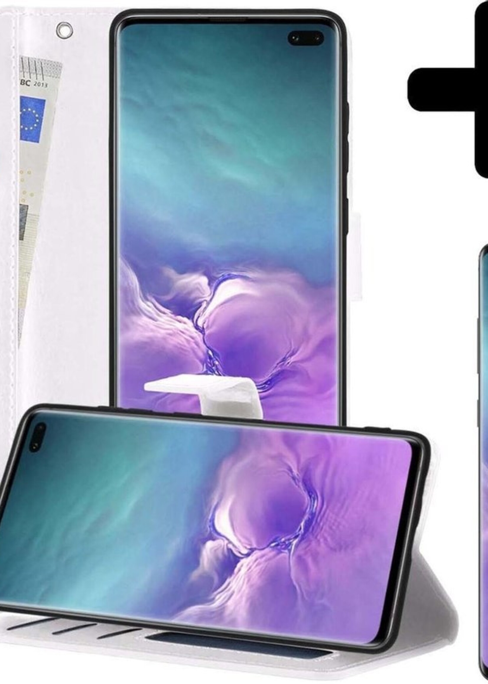 LUQ Hoesje Geschikt voor Samsung S10 Hoesje Book Case Hoes Wallet Cover Met Screenprotector - Hoes Geschikt voor Samsung Galaxy S10 Hoesje Bookcase Hoes - Wit