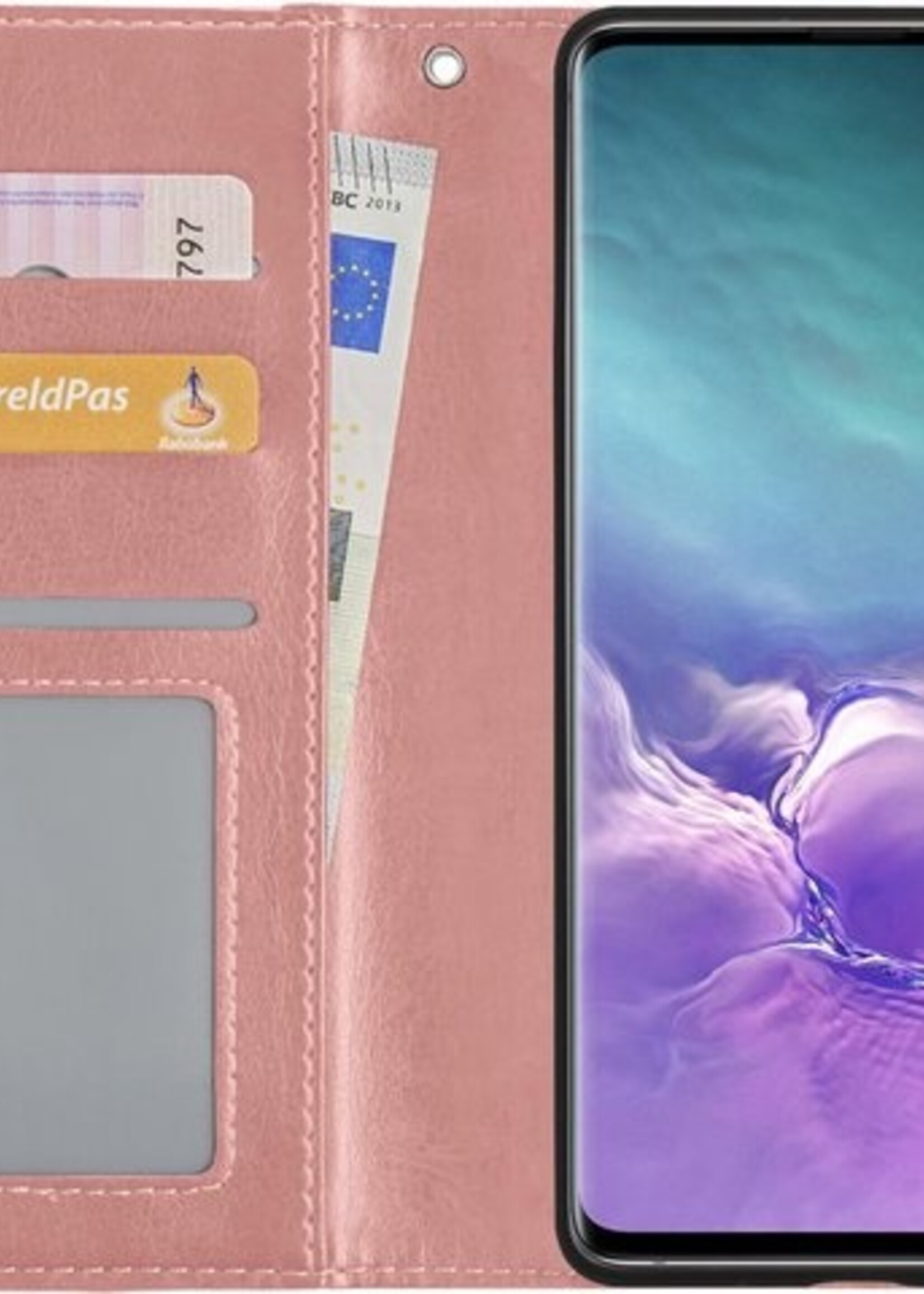 LUQ Hoesje Geschikt voor Samsung S10 Hoesje Book Case Hoes Wallet Cover Met Screenprotector - Hoes Geschikt voor Samsung Galaxy S10 Hoesje Bookcase Hoes - Rosé goud