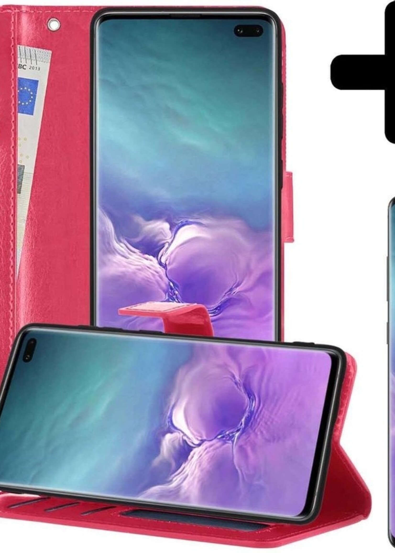 LUQ Hoesje Geschikt voor Samsung S10 Hoesje Book Case Hoes Wallet Cover Met Screenprotector - Hoes Geschikt voor Samsung Galaxy S10 Hoesje Bookcase Hoes - Donkerroze