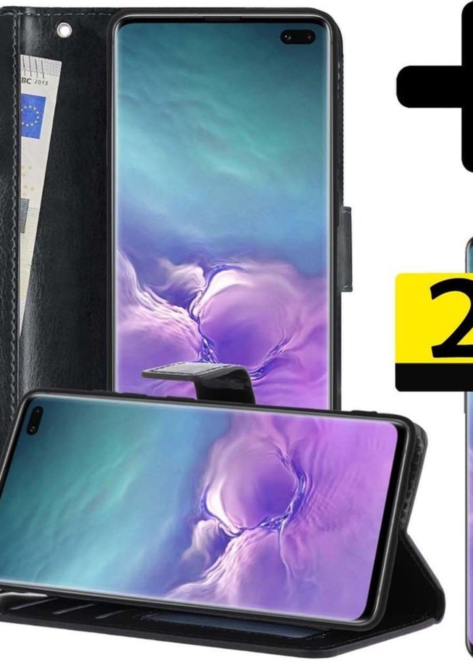 LUQ Hoesje Geschikt voor Samsung S10 Hoesje Book Case Hoes Wallet Cover Met 2x Screenprotector - Hoes Geschikt voor Samsung Galaxy S10 Hoesje Bookcase Hoes - Zwart