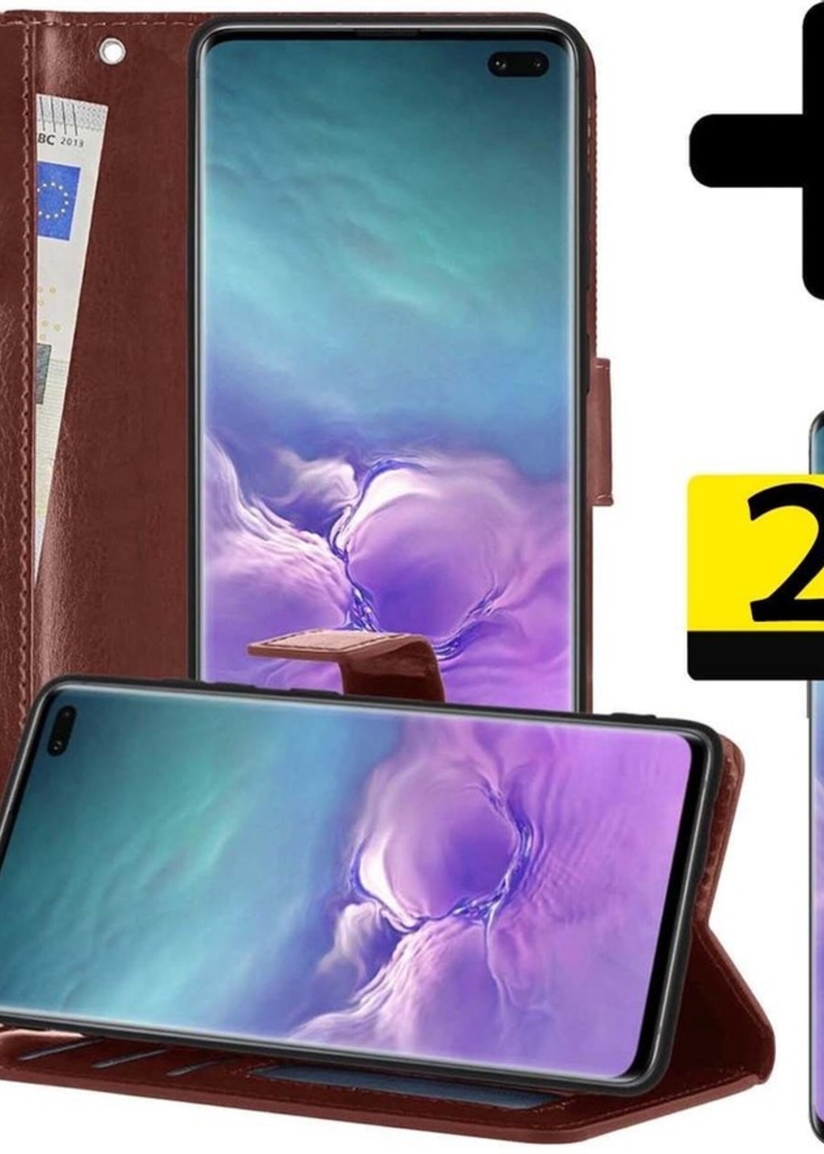 LUQ Hoesje Geschikt voor Samsung S10 Hoesje Book Case Hoes Wallet Cover Met 2x Screenprotector - Hoes Geschikt voor Samsung Galaxy S10 Hoesje Bookcase Hoes - Bruin