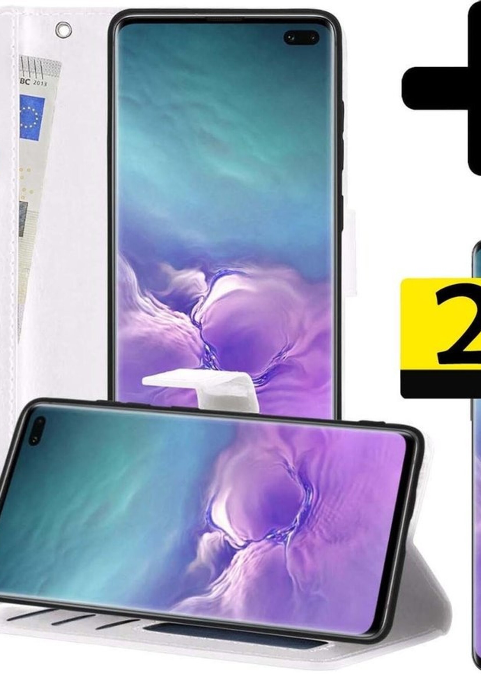 LUQ Hoesje Geschikt voor Samsung S10 Hoesje Book Case Hoes Wallet Cover Met 2x Screenprotector - Hoes Geschikt voor Samsung Galaxy S10 Hoesje Bookcase Hoes - Wit