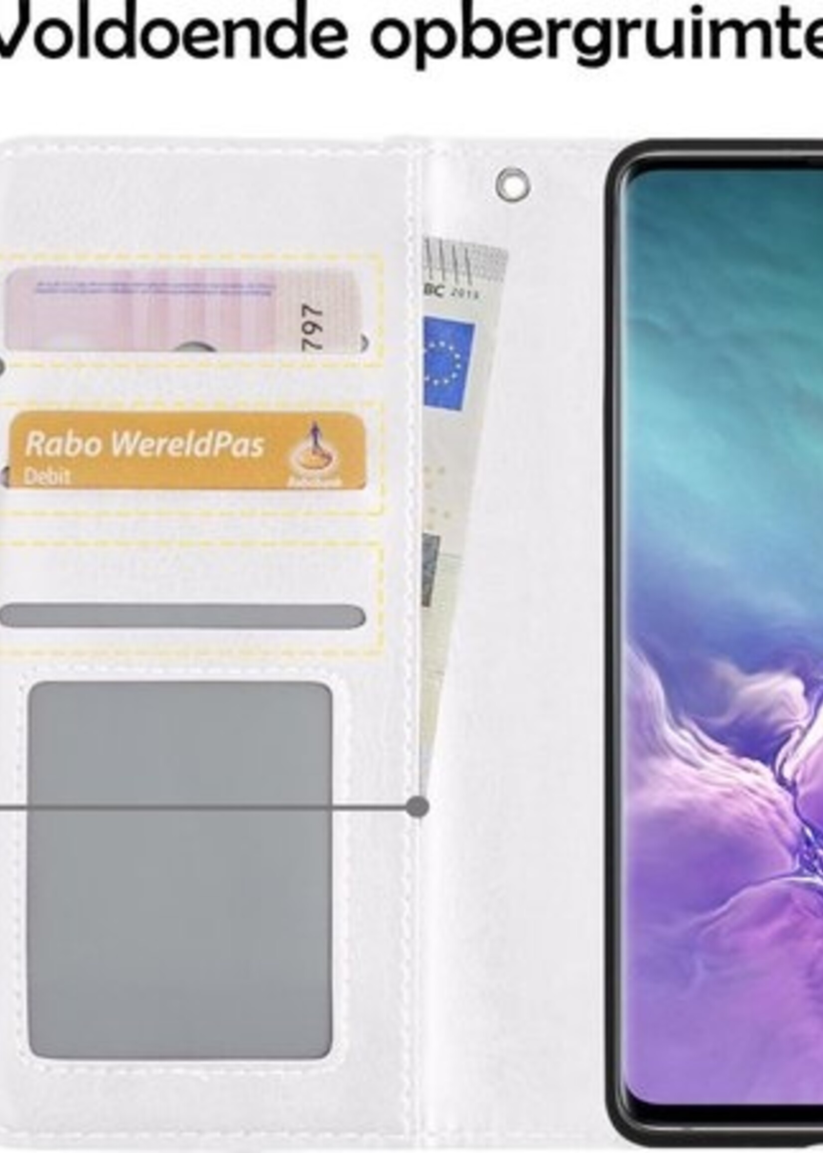 LUQ Hoesje Geschikt voor Samsung S10 Hoesje Book Case Hoes Wallet Cover Met 2x Screenprotector - Hoes Geschikt voor Samsung Galaxy S10 Hoesje Bookcase Hoes - Wit