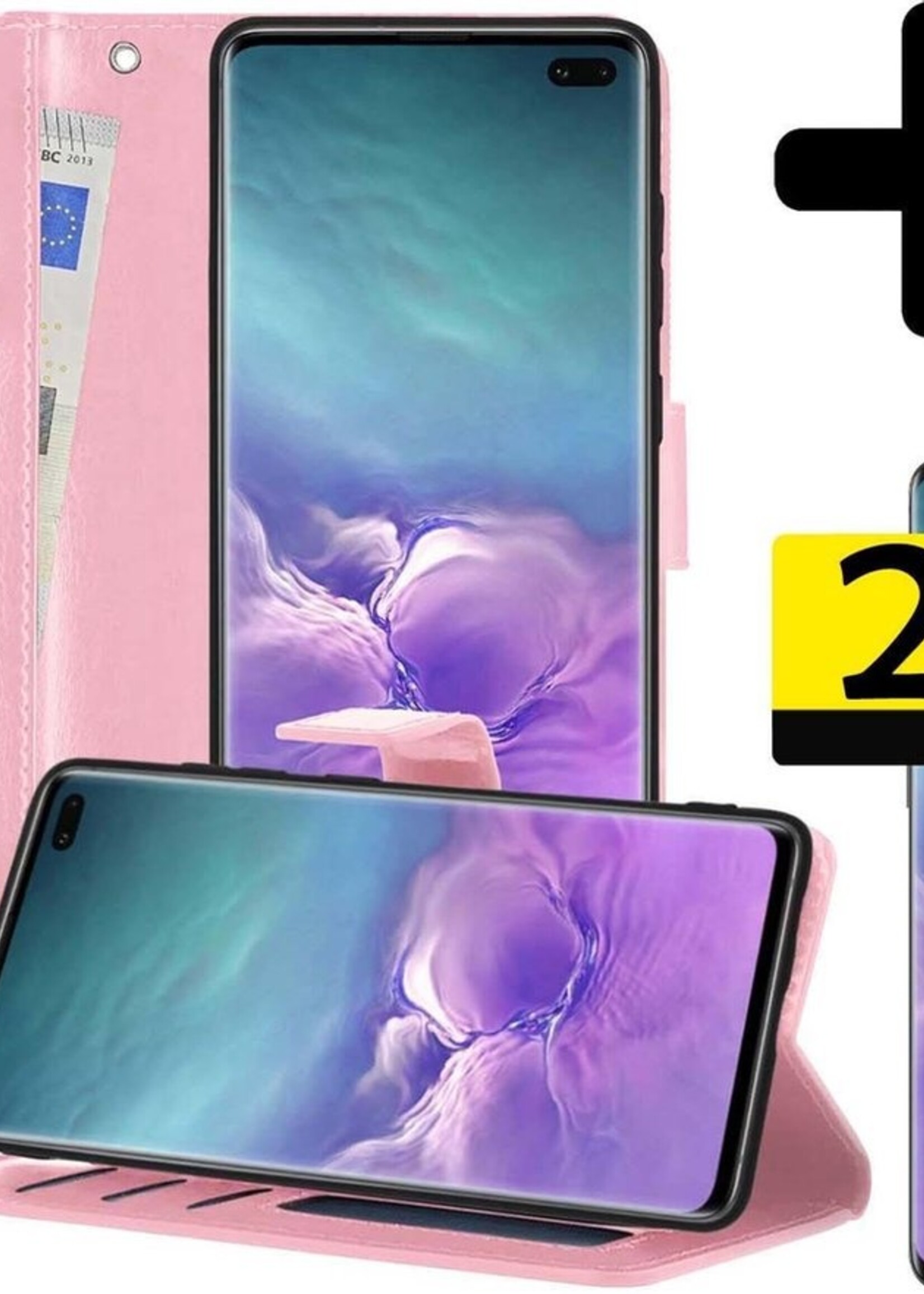LUQ Hoesje Geschikt voor Samsung S10 Hoesje Book Case Hoes Wallet Cover Met 2x Screenprotector - Hoes Geschikt voor Samsung Galaxy S10 Hoesje Bookcase Hoes - Lichtroze