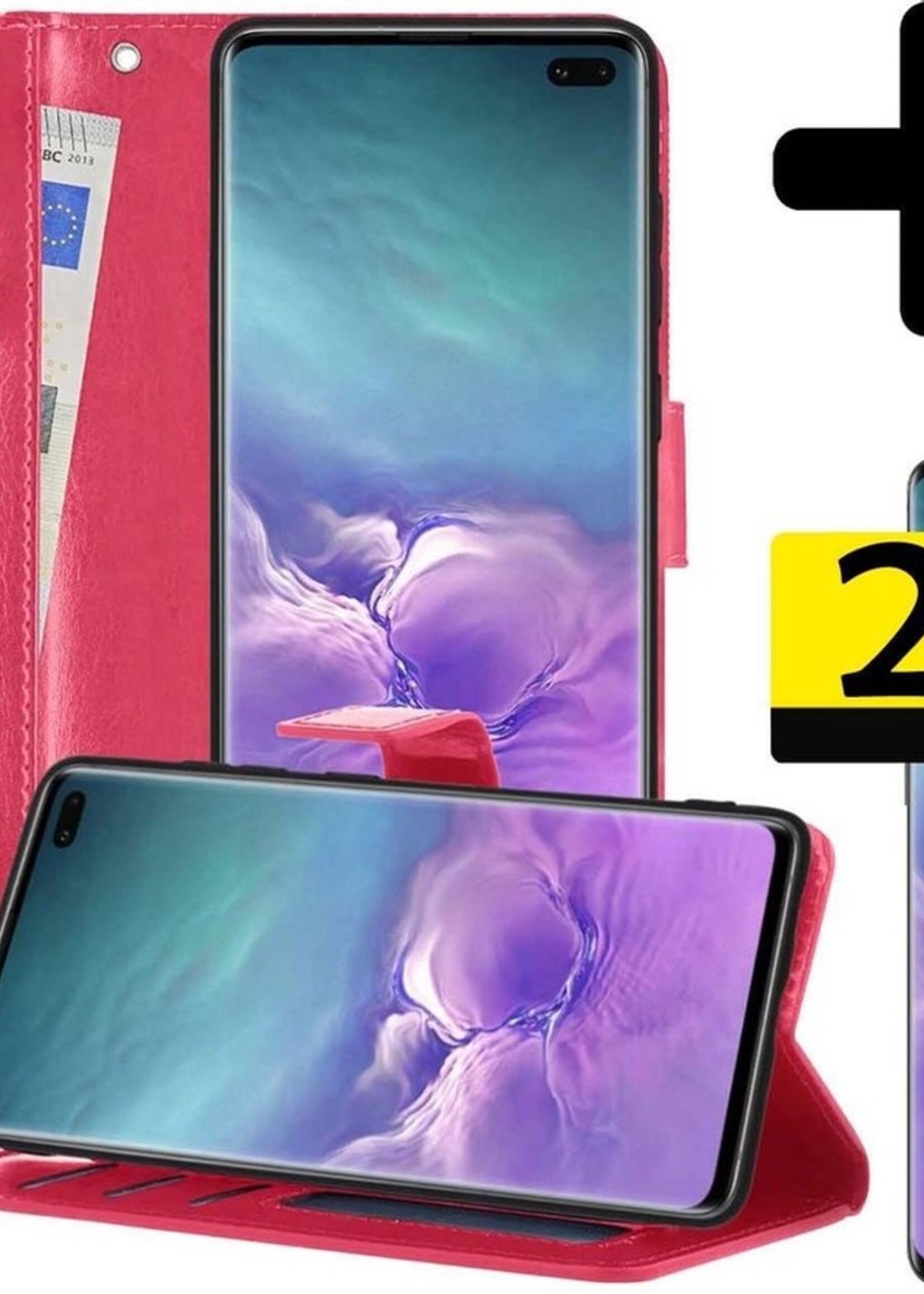 LUQ Hoesje Geschikt voor Samsung S10 Hoesje Book Case Hoes Wallet Cover Met 2x Screenprotector - Hoes Geschikt voor Samsung Galaxy S10 Hoesje Bookcase Hoes - Donkerroze
