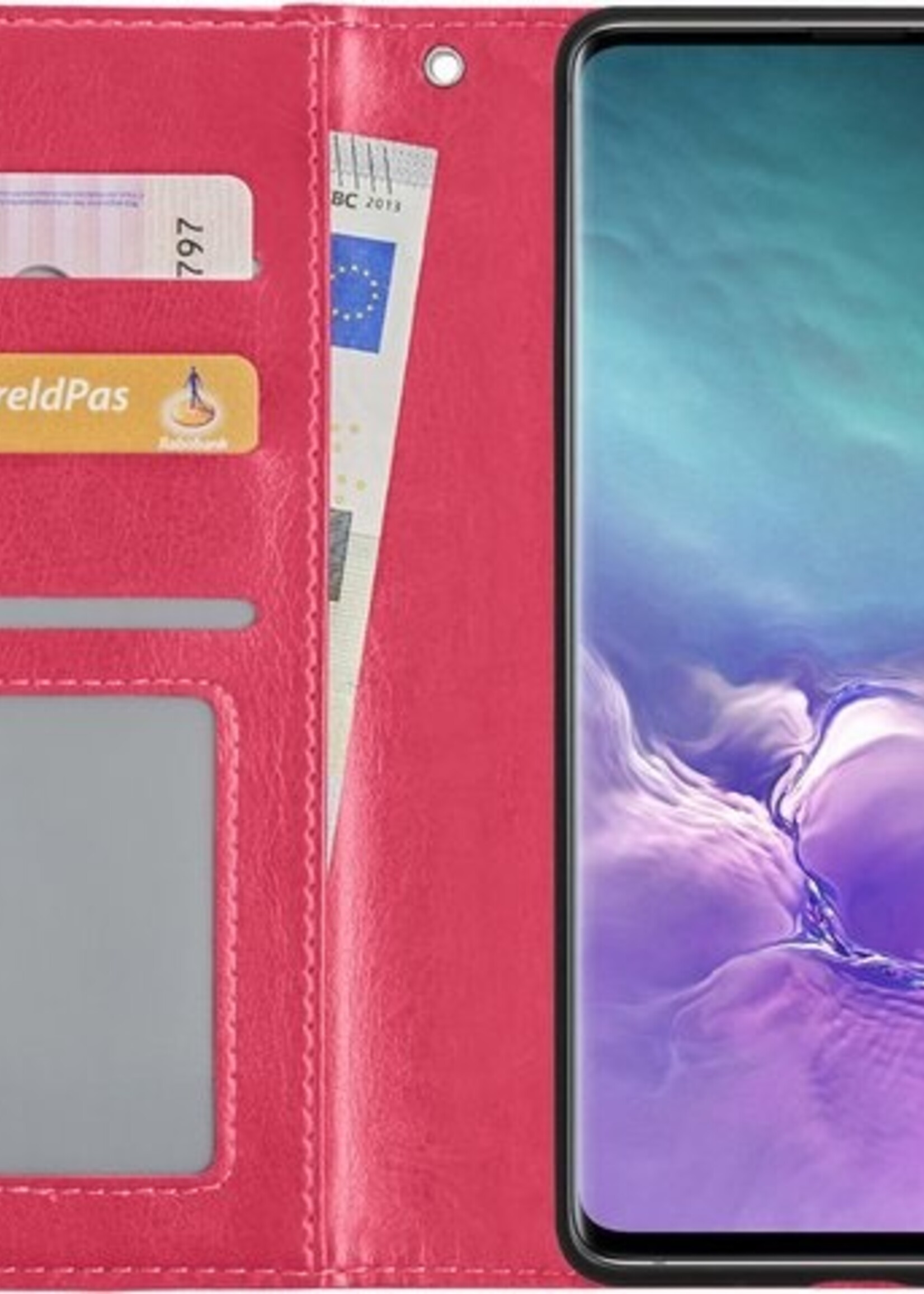 LUQ Hoesje Geschikt voor Samsung S10 Hoesje Book Case Hoes Wallet Cover Met 2x Screenprotector - Hoes Geschikt voor Samsung Galaxy S10 Hoesje Bookcase Hoes - Donkerroze