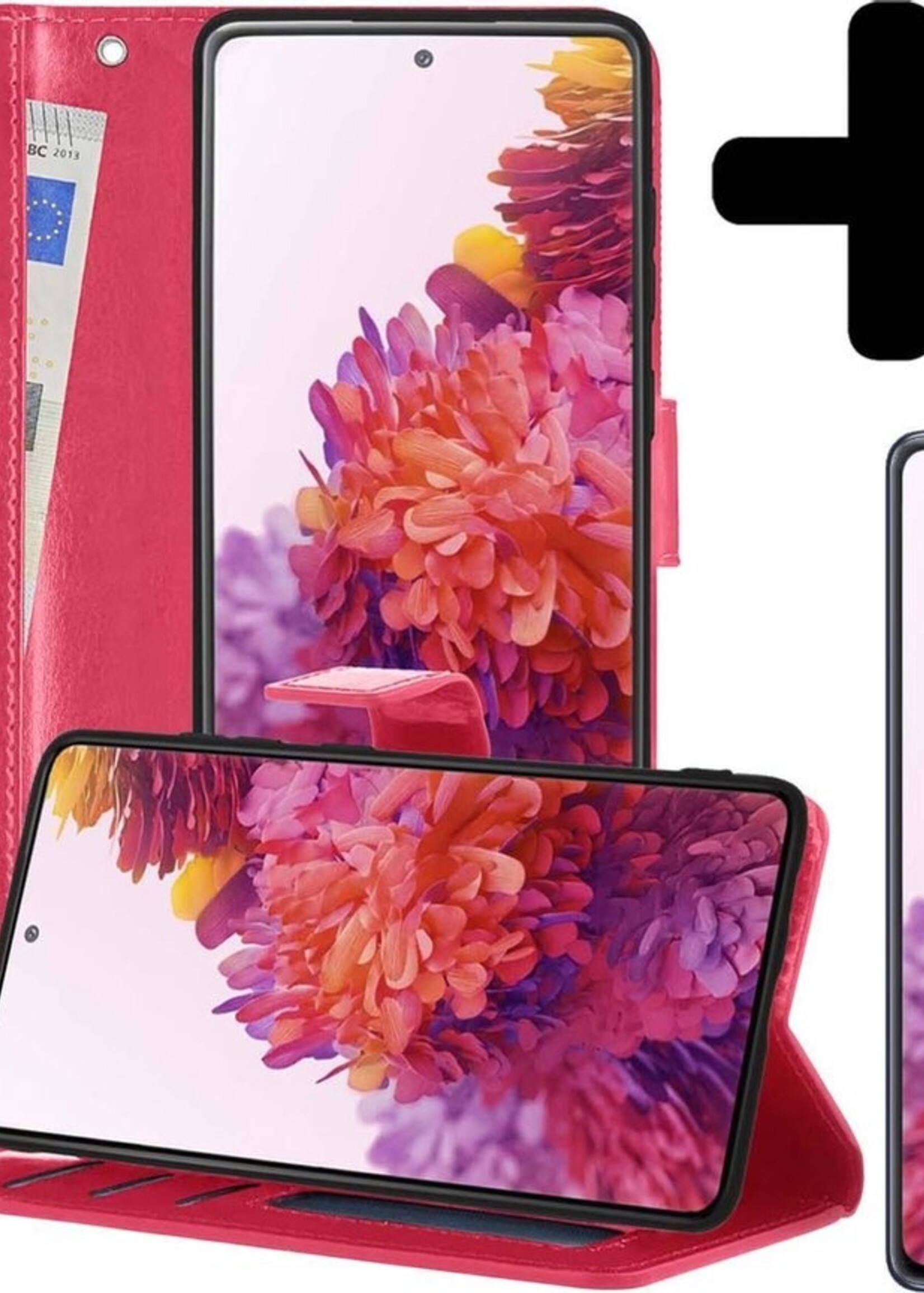 LUQ Hoesje Geschikt voor Samsung S20 FE Hoesje Book Case Hoes Wallet Cover Met 2x Screenprotector - Hoes Geschikt voor Samsung Galaxy S20 FE Hoesje Bookcase Hoes - Donkerroze