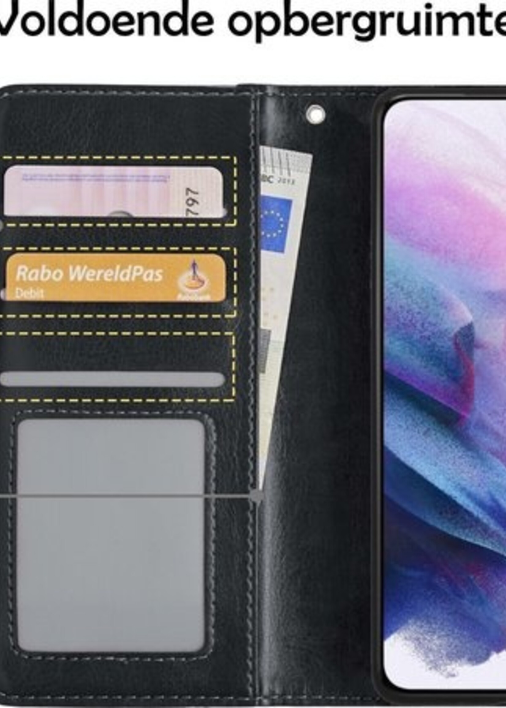 LUQ Hoesje Geschikt voor Samsung S21 Hoesje Book Case Hoes Wallet Cover Met Screenprotector - Hoes Geschikt voor Samsung Galaxy S21 Hoesje Bookcase Hoes - Zwart