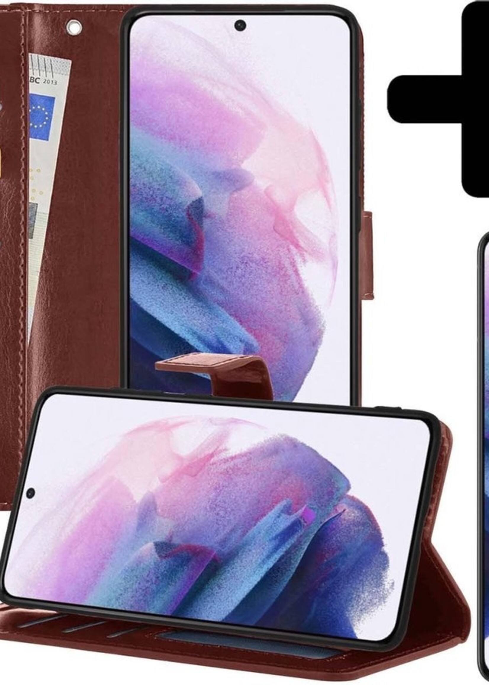 LUQ Hoesje Geschikt voor Samsung S21 Hoesje Book Case Hoes Wallet Cover Met Screenprotector - Hoes Geschikt voor Samsung Galaxy S21 Hoesje Bookcase Hoes - Bruin