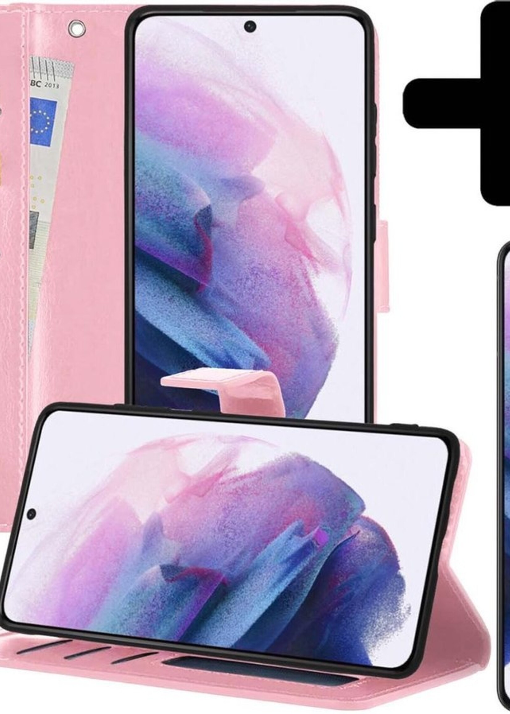 LUQ Hoesje Geschikt voor Samsung S21 Hoesje Book Case Hoes Wallet Cover Met Screenprotector - Hoes Geschikt voor Samsung Galaxy S21 Hoesje Bookcase Hoes - Lichtroze
