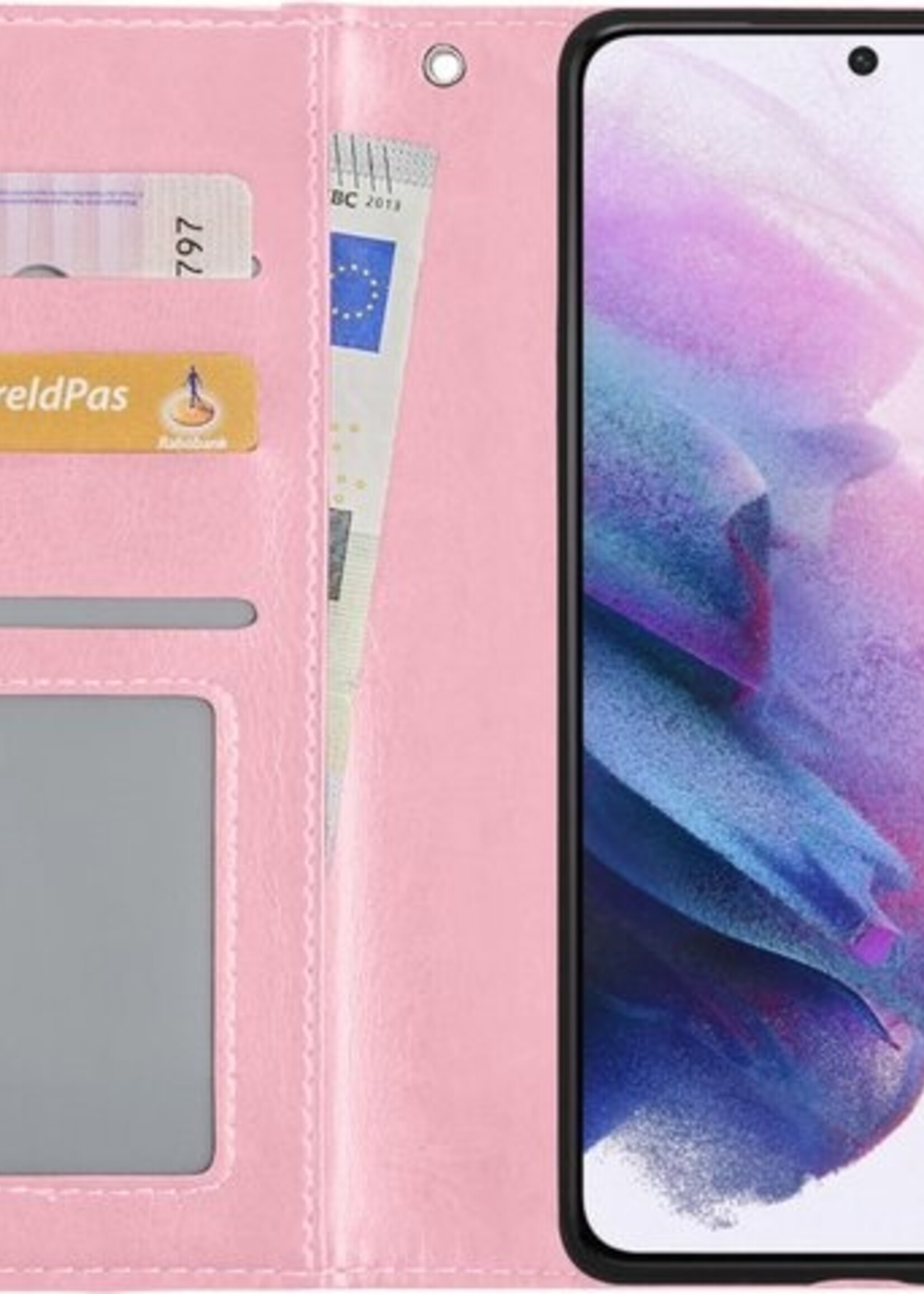 LUQ Hoesje Geschikt voor Samsung S21 Hoesje Book Case Hoes Wallet Cover Met Screenprotector - Hoes Geschikt voor Samsung Galaxy S21 Hoesje Bookcase Hoes - Lichtroze