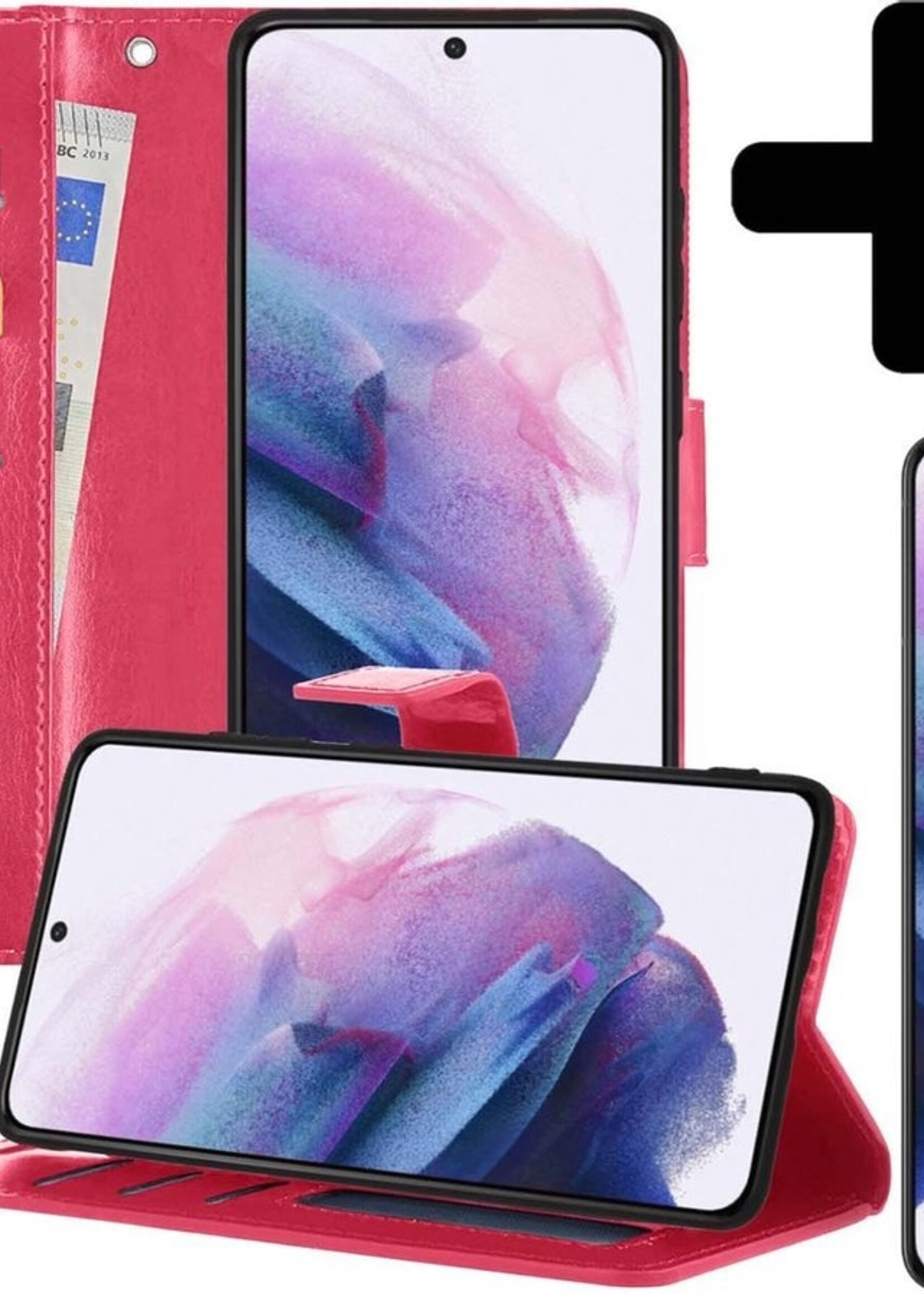 LUQ Hoesje Geschikt voor Samsung S21 Hoesje Book Case Hoes Wallet Cover Met Screenprotector - Hoes Geschikt voor Samsung Galaxy S21 Hoesje Bookcase Hoes - Donkerroze
