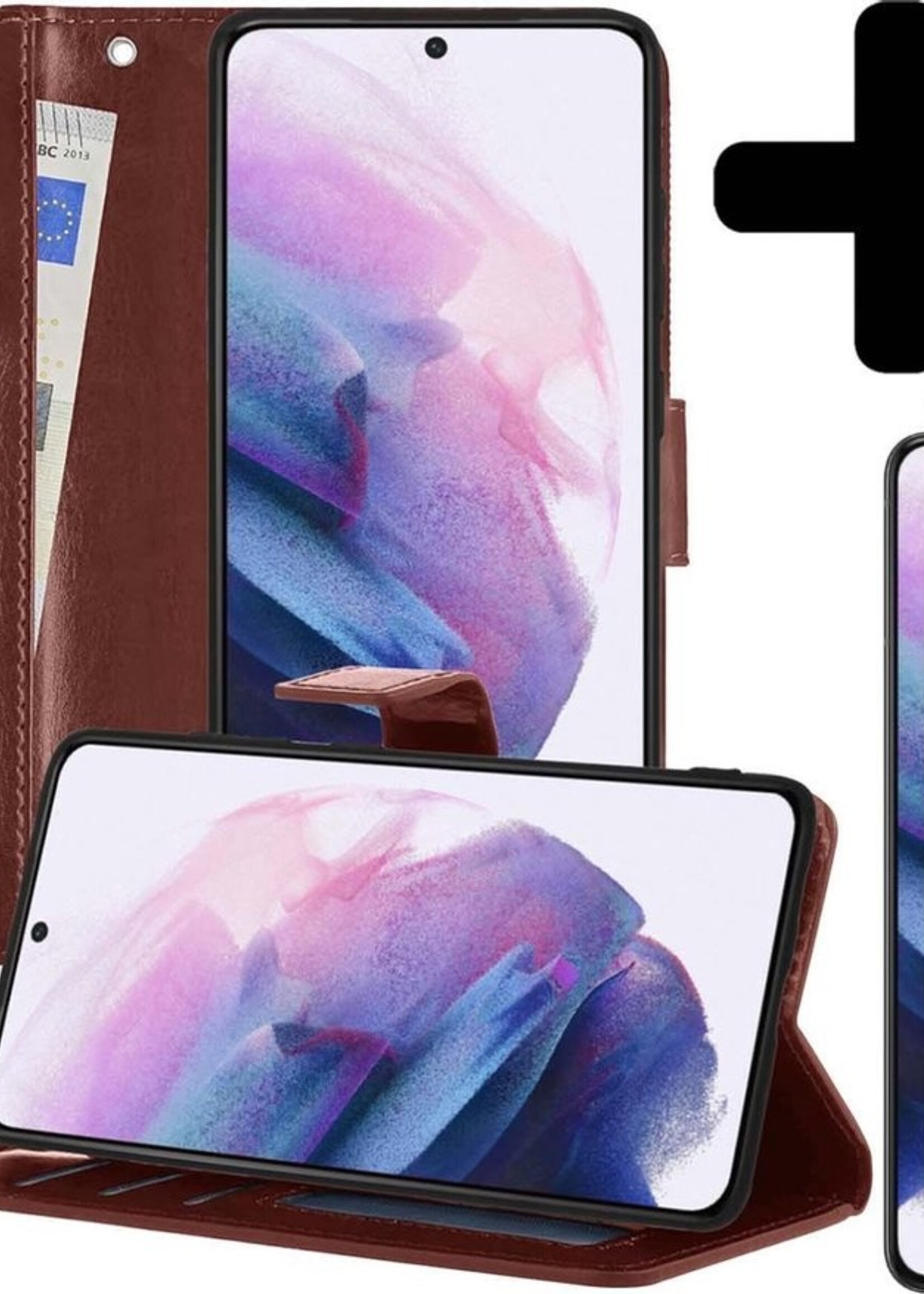 LUQ Hoesje Geschikt voor Samsung S21 Hoesje Book Case Hoes Wallet Cover Met 2x Screenprotector - Hoes Geschikt voor Samsung Galaxy S21 Hoesje Bookcase Hoes - Bruin