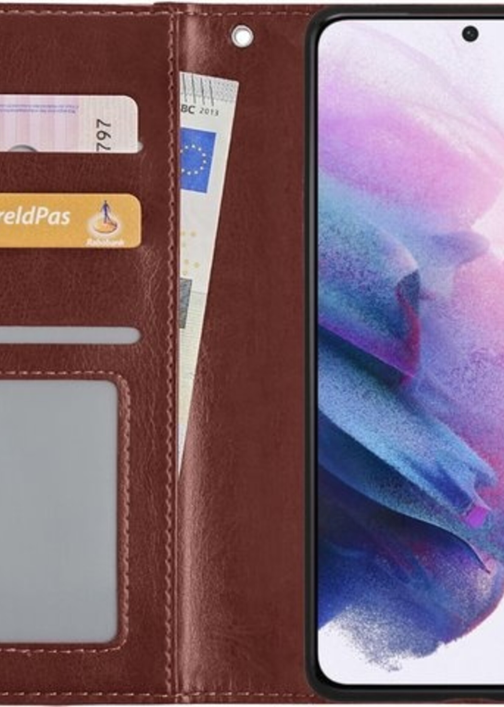 LUQ Hoesje Geschikt voor Samsung S21 Hoesje Book Case Hoes Wallet Cover Met 2x Screenprotector - Hoes Geschikt voor Samsung Galaxy S21 Hoesje Bookcase Hoes - Bruin