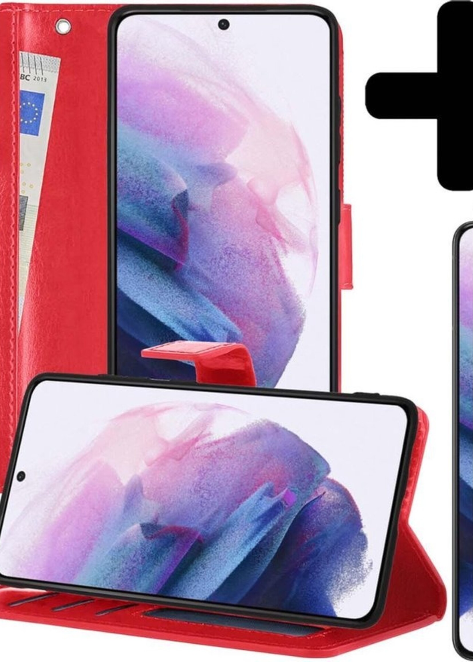 LUQ Hoesje Geschikt voor Samsung S21 Hoesje Book Case Hoes Wallet Cover Met 2x Screenprotector - Hoes Geschikt voor Samsung Galaxy S21 Hoesje Bookcase Hoes - Rood