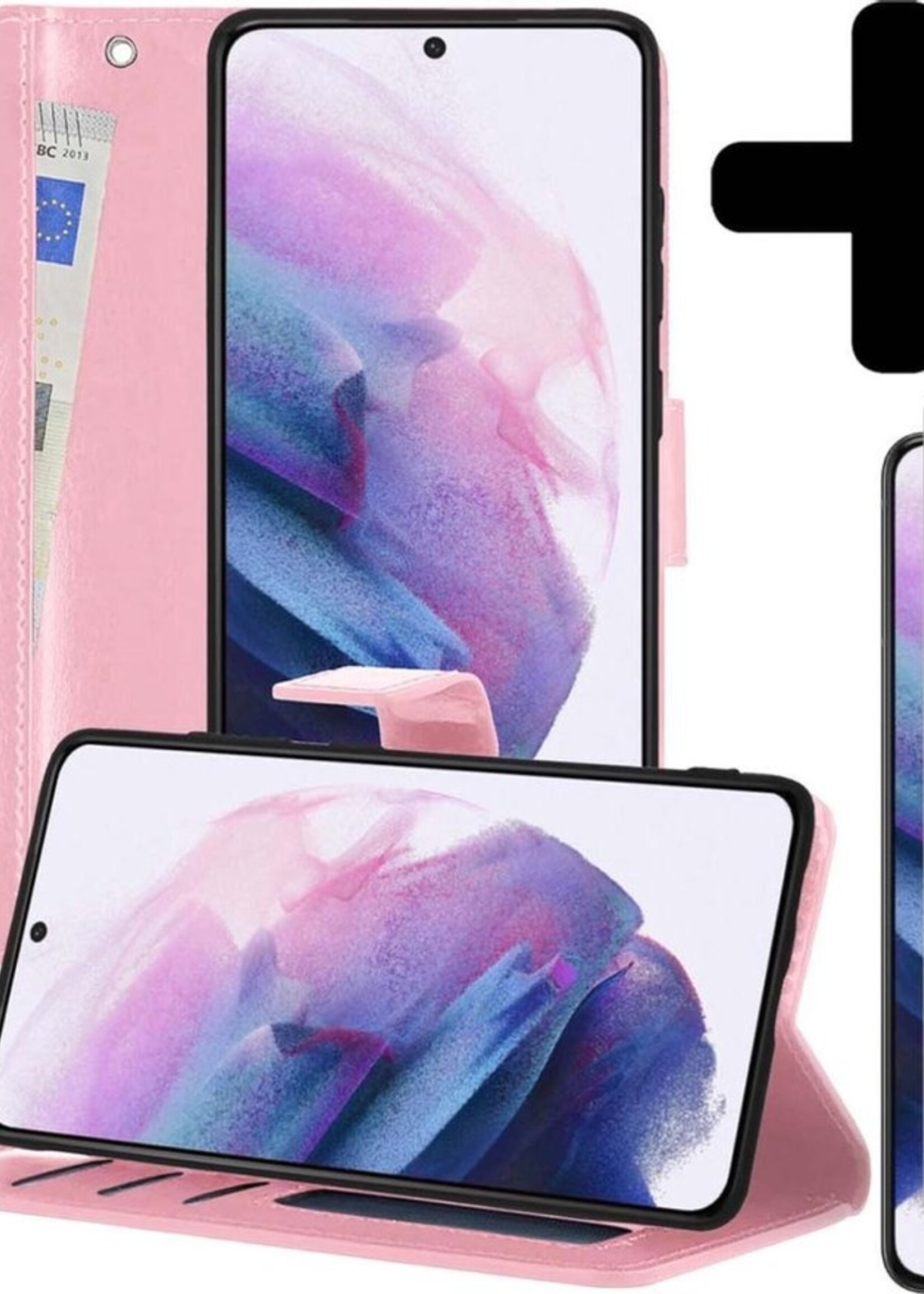 LUQ Hoesje Geschikt voor Samsung S21 Hoesje Book Case Hoes Wallet Cover Met 2x Screenprotector - Hoes Geschikt voor Samsung Galaxy S21 Hoesje Bookcase Hoes - Lichtroze