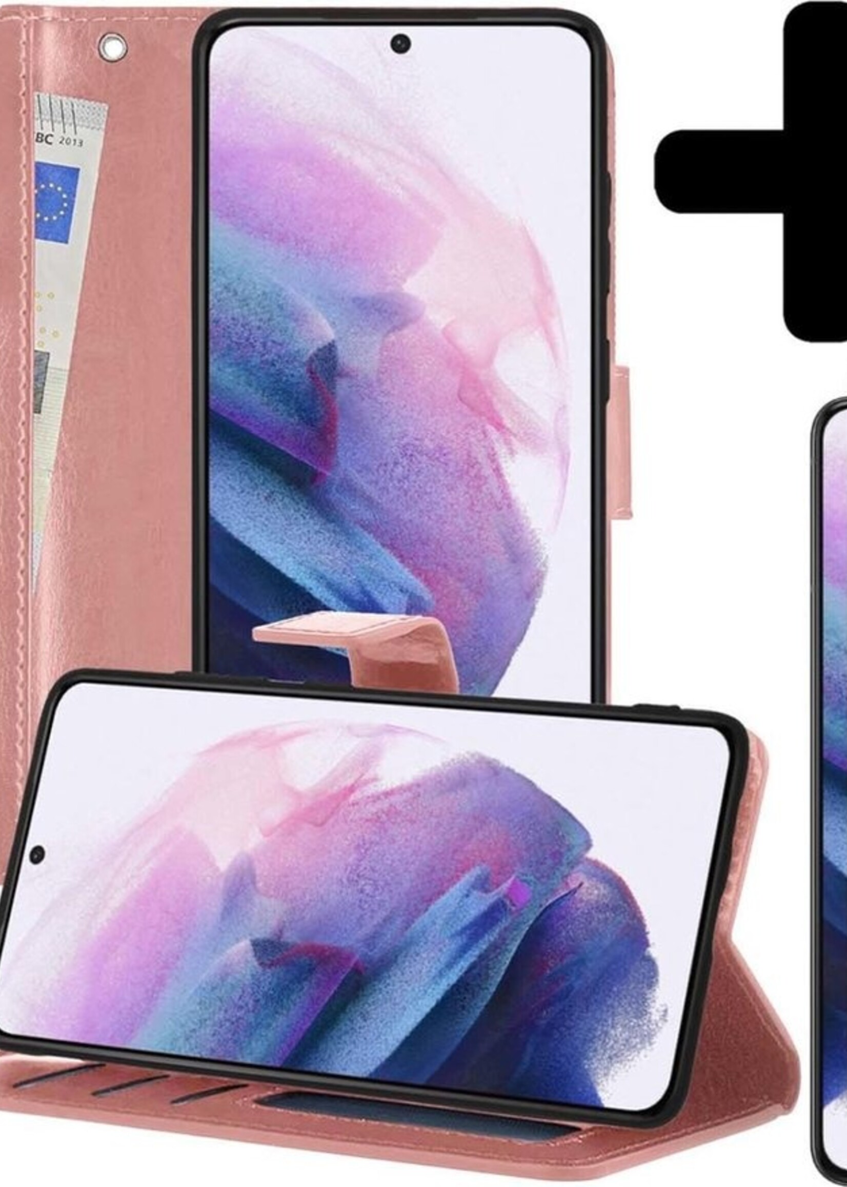 LUQ Hoesje Geschikt voor Samsung S21 Hoesje Book Case Hoes Wallet Cover Met 2x Screenprotector - Hoes Geschikt voor Samsung Galaxy S21 Hoesje Bookcase Hoes - Rosé goud