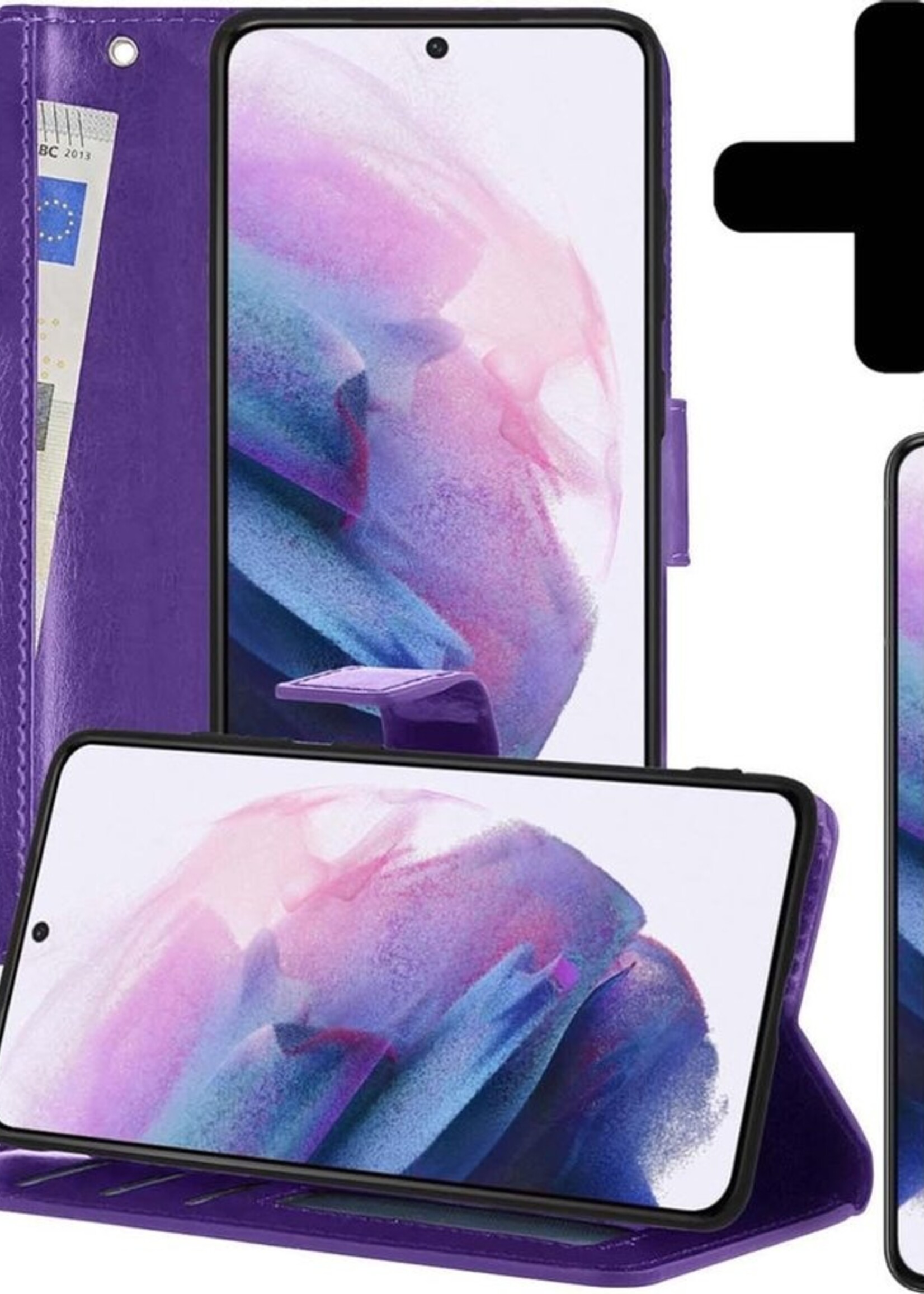 LUQ Hoesje Geschikt voor Samsung S21 Hoesje Book Case Hoes Wallet Cover Met 2x Screenprotector - Hoes Geschikt voor Samsung Galaxy S21 Hoesje Bookcase Hoes - Paars