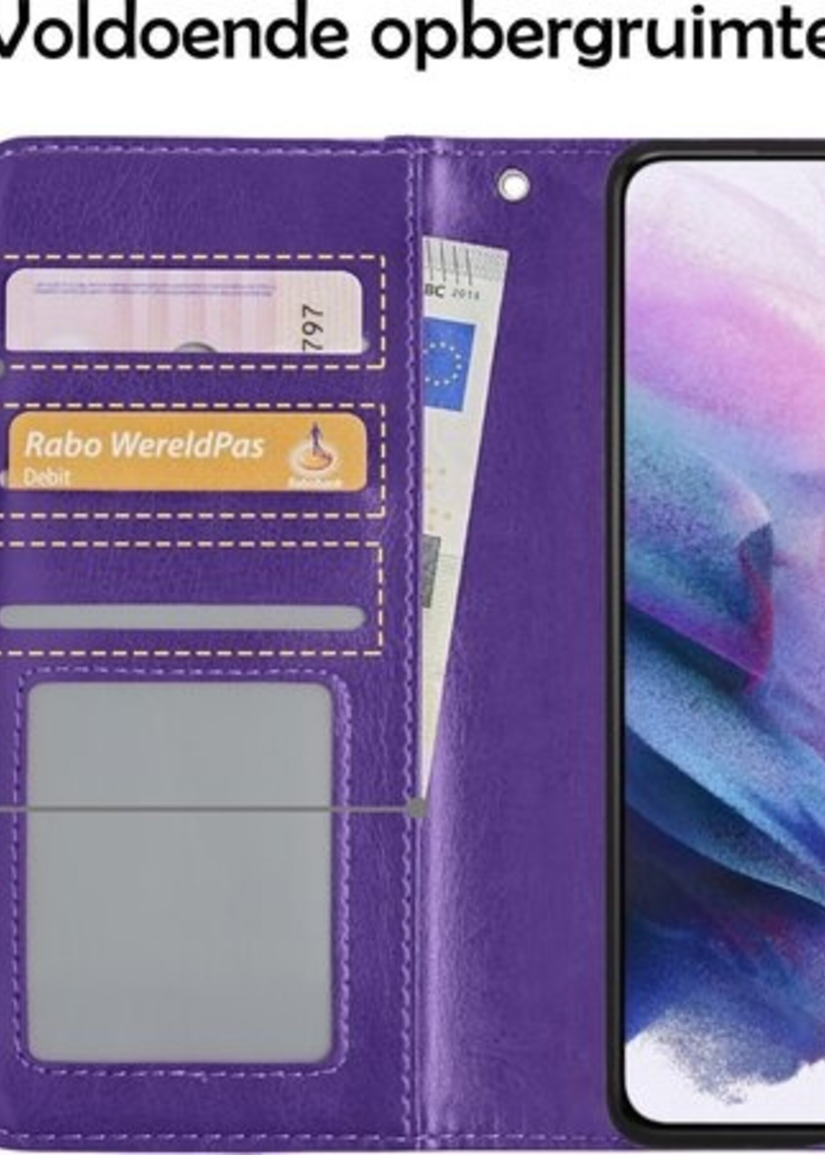 LUQ Hoesje Geschikt voor Samsung S21 Hoesje Book Case Hoes Wallet Cover Met 2x Screenprotector - Hoes Geschikt voor Samsung Galaxy S21 Hoesje Bookcase Hoes - Paars