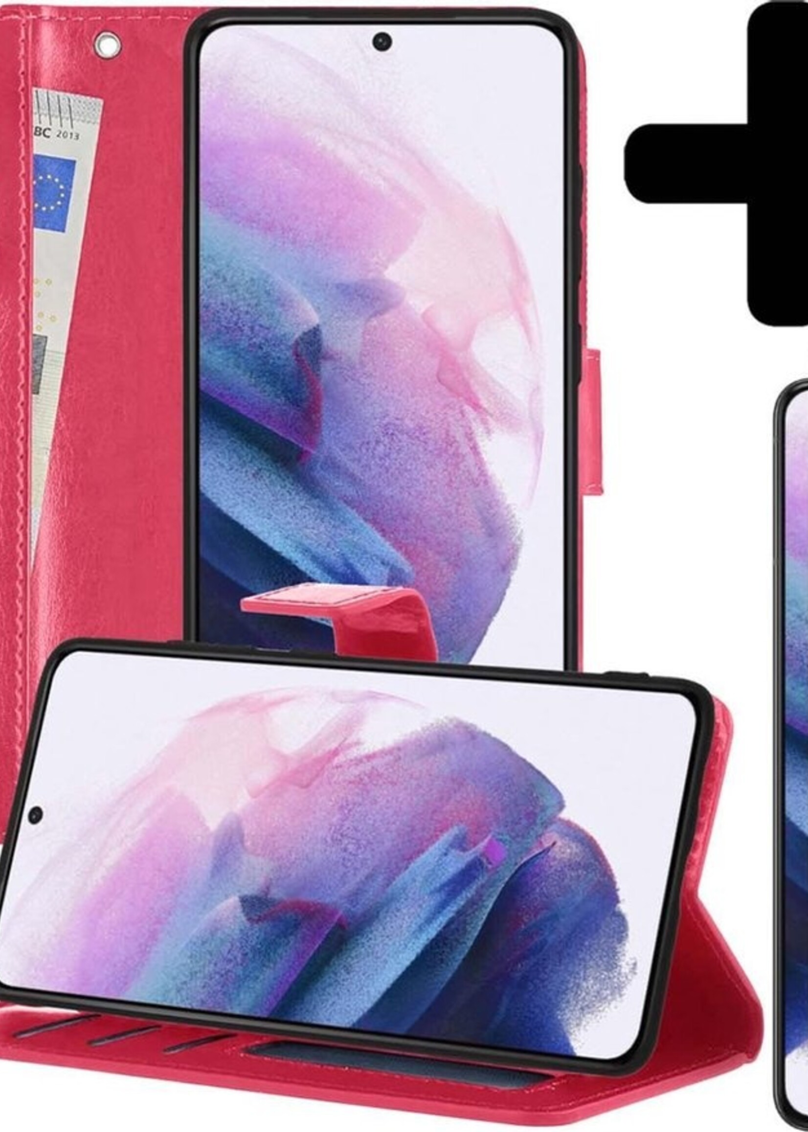 LUQ Hoesje Geschikt voor Samsung S21 Hoesje Book Case Hoes Wallet Cover Met 2x Screenprotector - Hoes Geschikt voor Samsung Galaxy S21 Hoesje Bookcase Hoes - Donkerroze