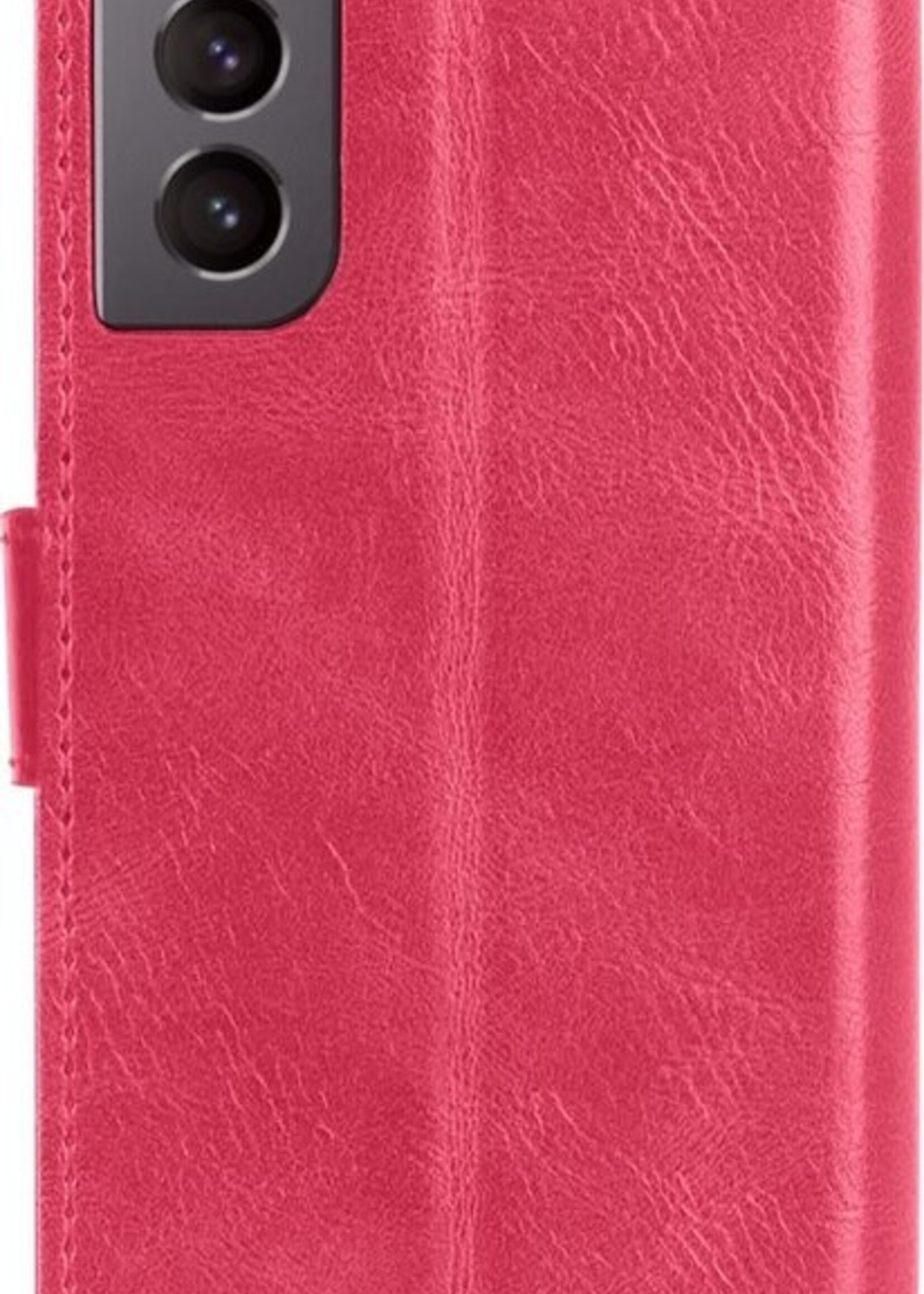 LUQ Hoesje Geschikt voor Samsung S21 Hoesje Book Case Hoes Wallet Cover Met 2x Screenprotector - Hoes Geschikt voor Samsung Galaxy S21 Hoesje Bookcase Hoes - Donkerroze