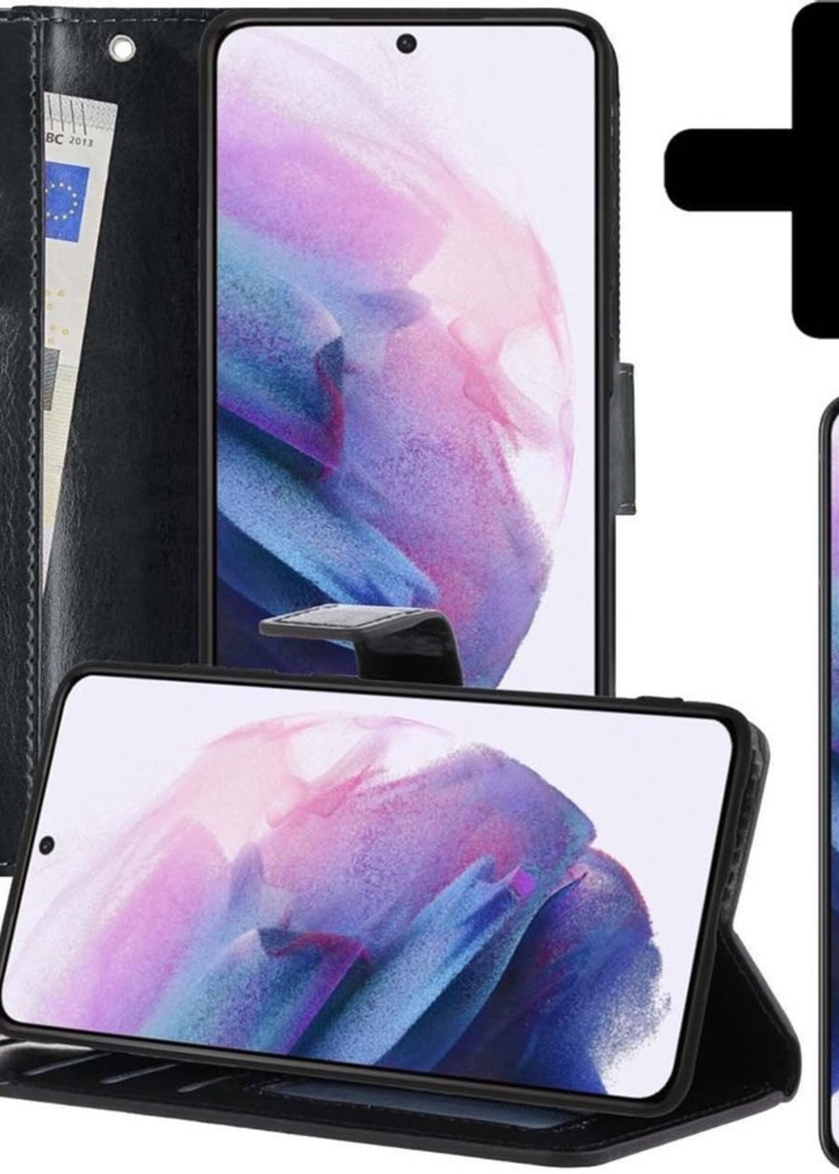 LUQ Hoesje Geschikt voor Samsung S21 Plus Hoesje Book Case Hoes Wallet Cover Met Screenprotector - Hoes Geschikt voor Samsung Galaxy S21 Plus Hoesje Bookcase Hoes - Zwart