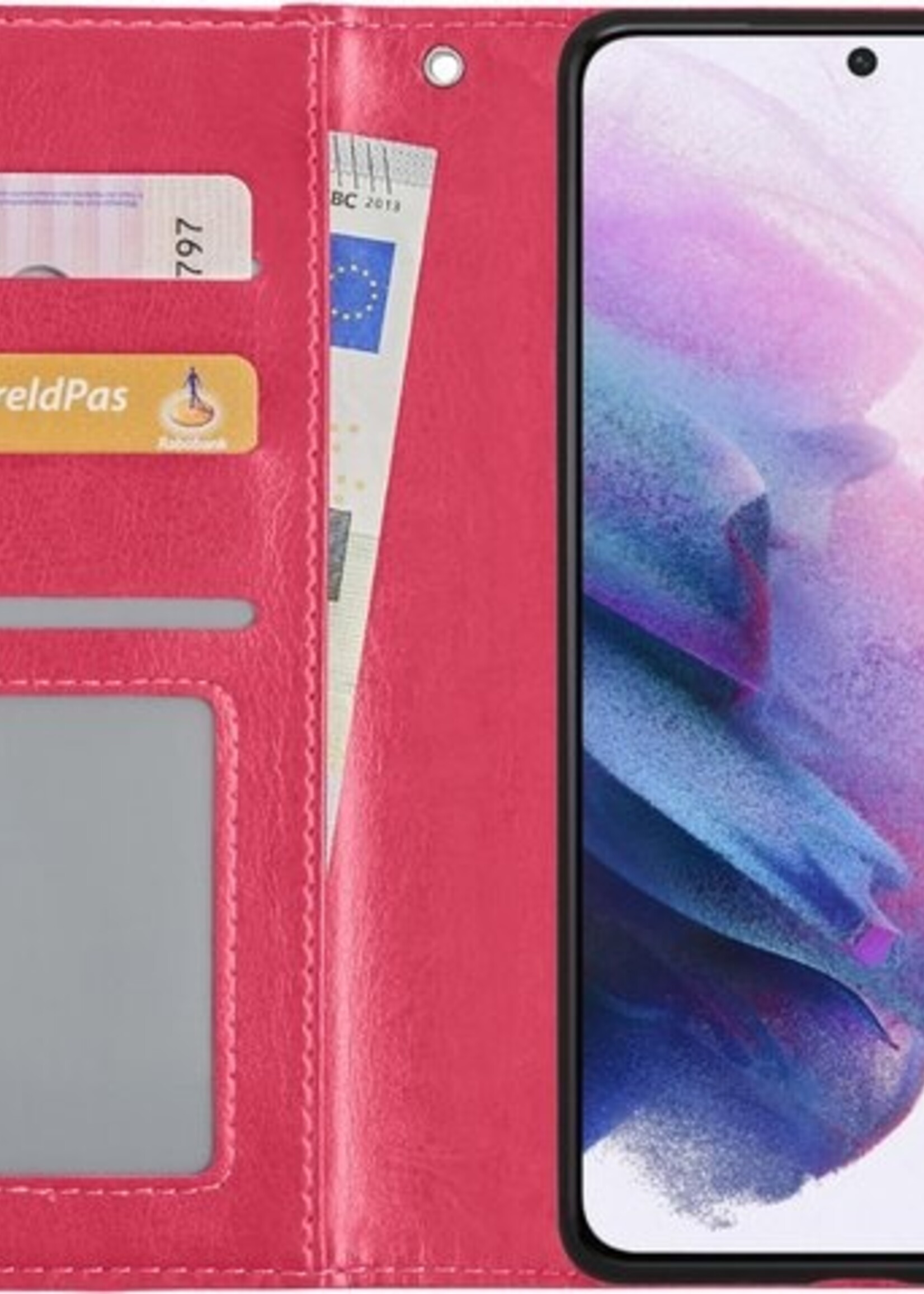 LUQ Hoesje Geschikt voor Samsung S21 Plus Hoesje Book Case Hoes Wallet Cover Met Screenprotector - Hoes Geschikt voor Samsung Galaxy S21 Plus Hoesje Bookcase Hoes - Donkerroze