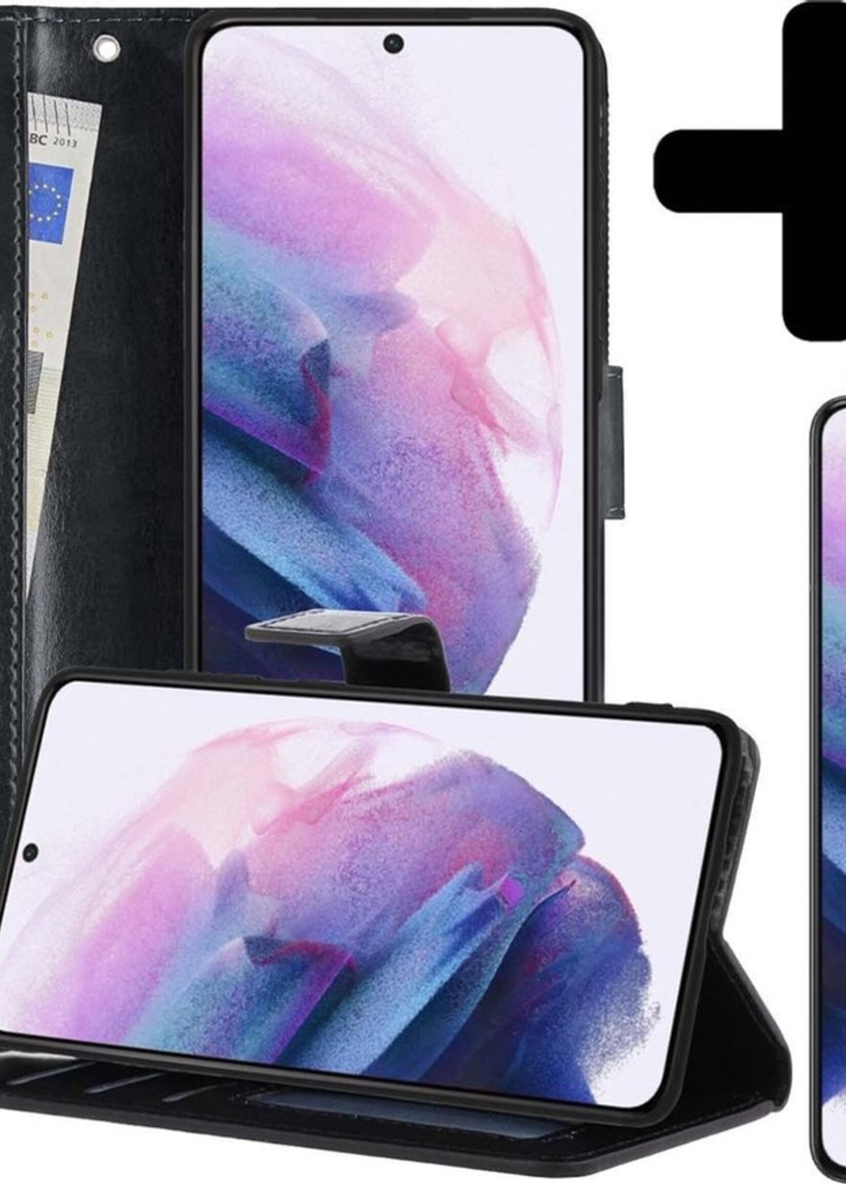 LUQ Hoesje Geschikt voor Samsung S21 Plus Hoesje Book Case Hoes Wallet Cover Met 2x Screenprotector - Hoes Geschikt voor Samsung Galaxy S21 Plus Hoesje Bookcase Hoes - Zwart