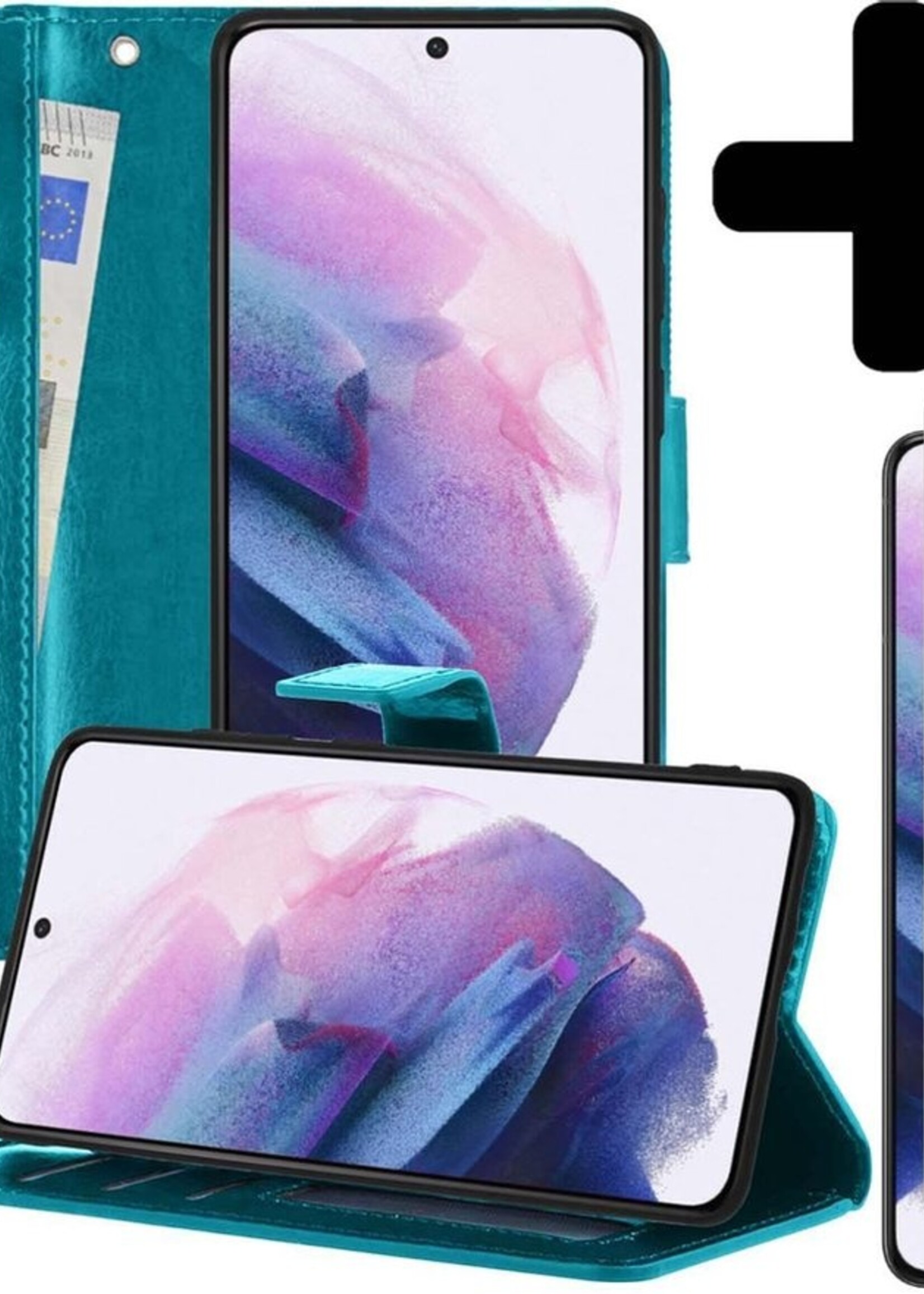 LUQ Hoesje Geschikt voor Samsung S21 Plus Hoesje Book Case Hoes Wallet Cover Met 2x Screenprotector - Hoes Geschikt voor Samsung Galaxy S21 Plus Hoesje Bookcase Hoes - Turquoise
