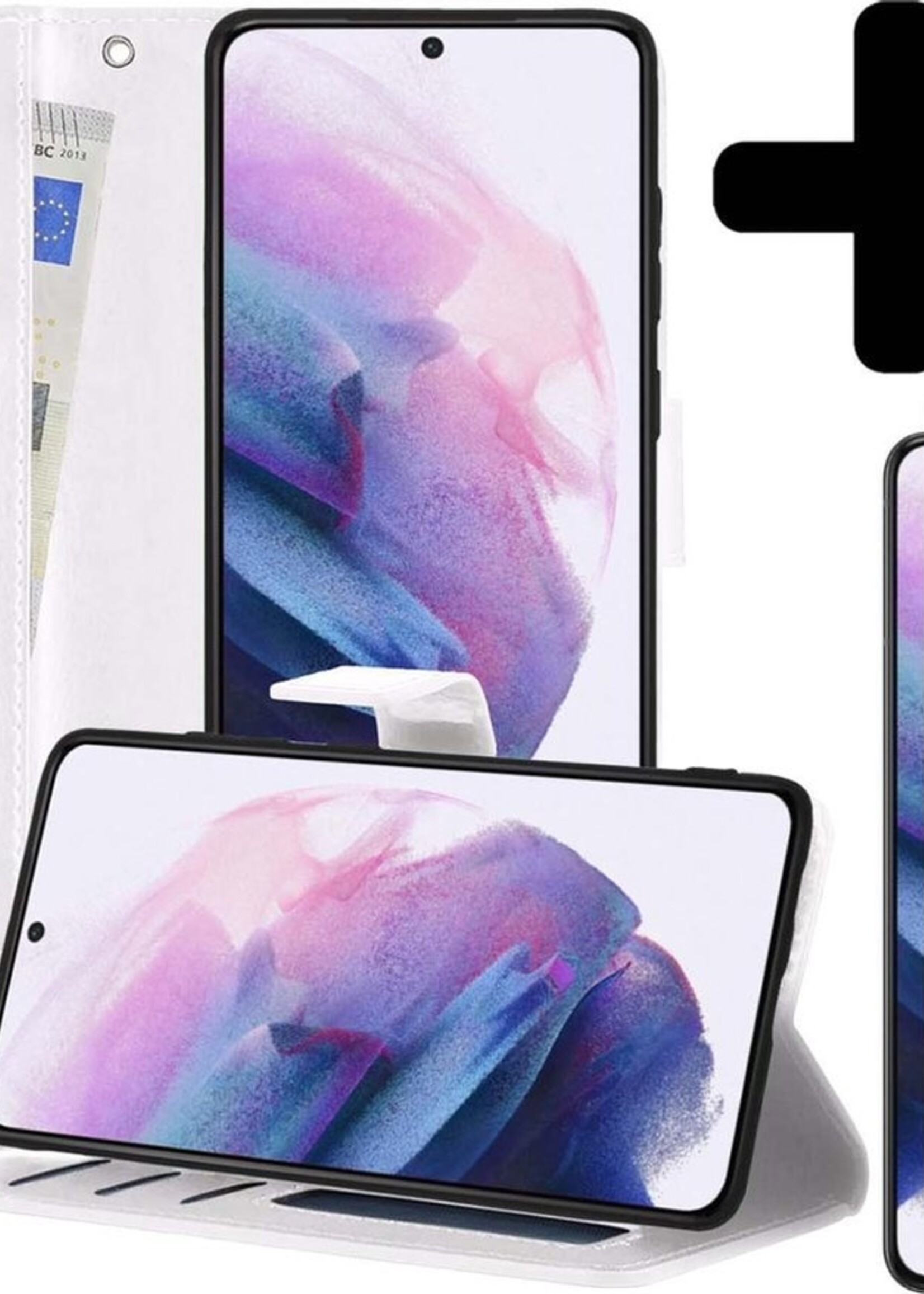 LUQ Hoesje Geschikt voor Samsung S21 Plus Hoesje Book Case Hoes Wallet Cover Met 2x Screenprotector - Hoes Geschikt voor Samsung Galaxy S21 Plus Hoesje Bookcase Hoes - Wit