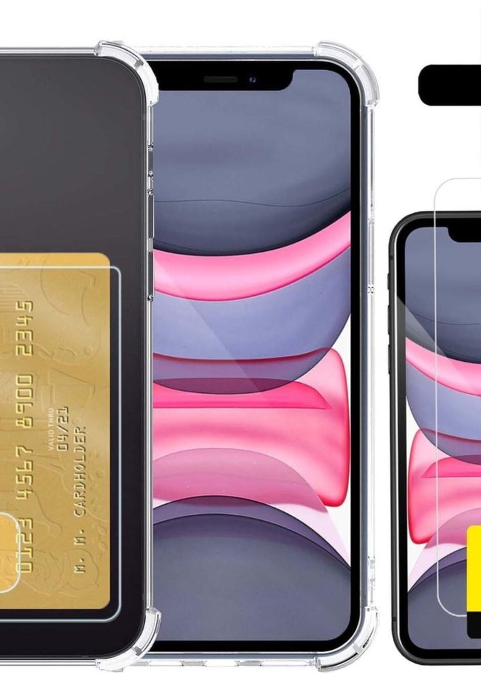 LUQ Hoesje Geschikt voor iPhone XR Hoesje Case Pashouder Cover Siliconen Met 2x Screenprotector - Hoes Geschikt voor iPhone XR Hoesje Met Kaarthouder- Transparant