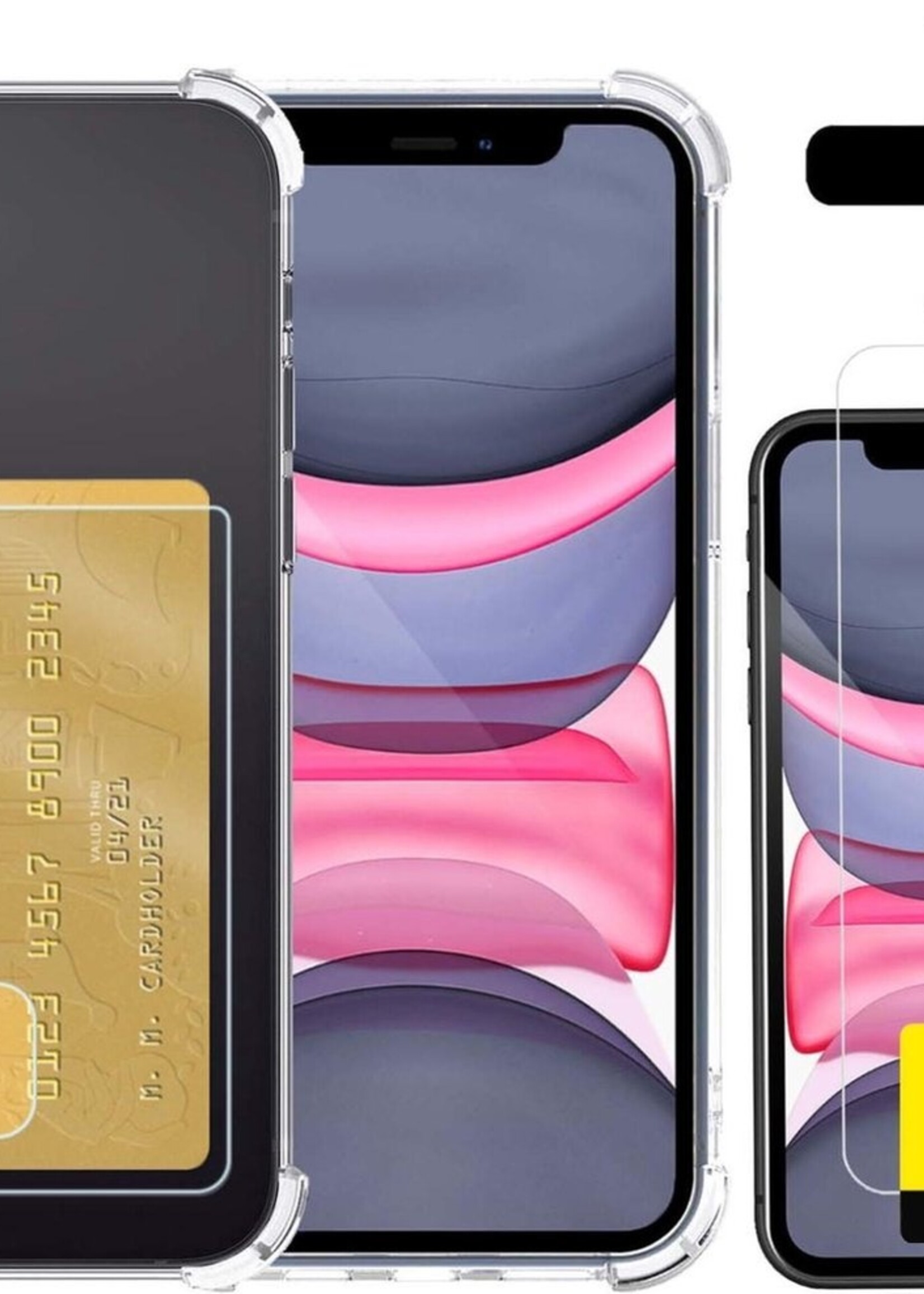 LUQ Hoesje Geschikt voor iPhone 11 Hoesje Case Pashouder Cover Siliconen Met 2x Screenprotector - Hoes Geschikt voor iPhone 11 Hoesje Met Kaarthouder- Transparant