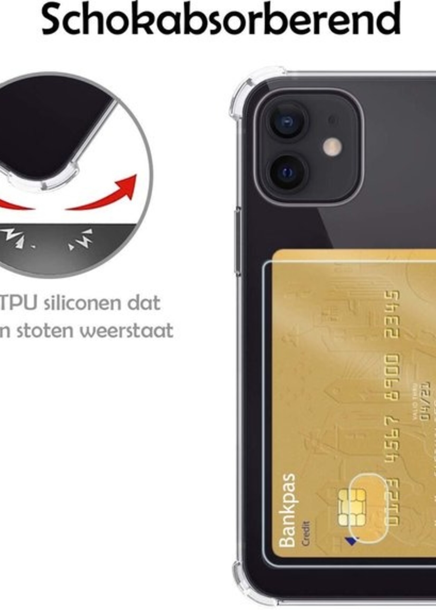 LUQ Hoesje Geschikt voor iPhone 11 Hoesje Case Pashouder Cover Siliconen Met 2x Screenprotector - Hoes Geschikt voor iPhone 11 Hoesje Met Kaarthouder- Transparant