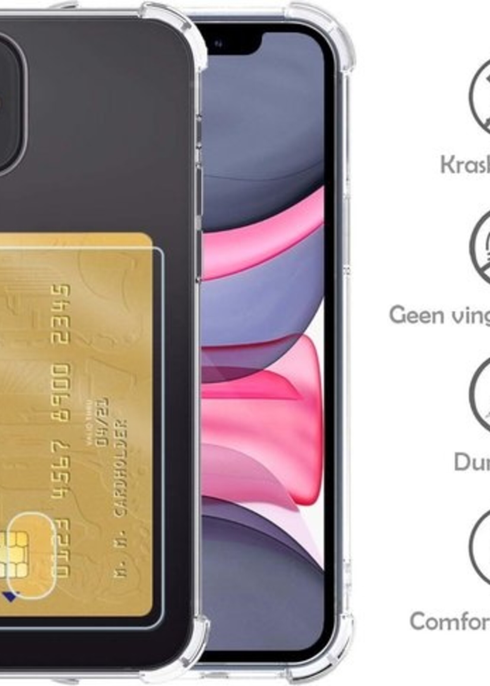 LUQ Hoesje Geschikt voor iPhone 11 Hoesje Case Pashouder Cover Siliconen Met 2x Screenprotector - Hoes Geschikt voor iPhone 11 Hoesje Met Kaarthouder- Transparant