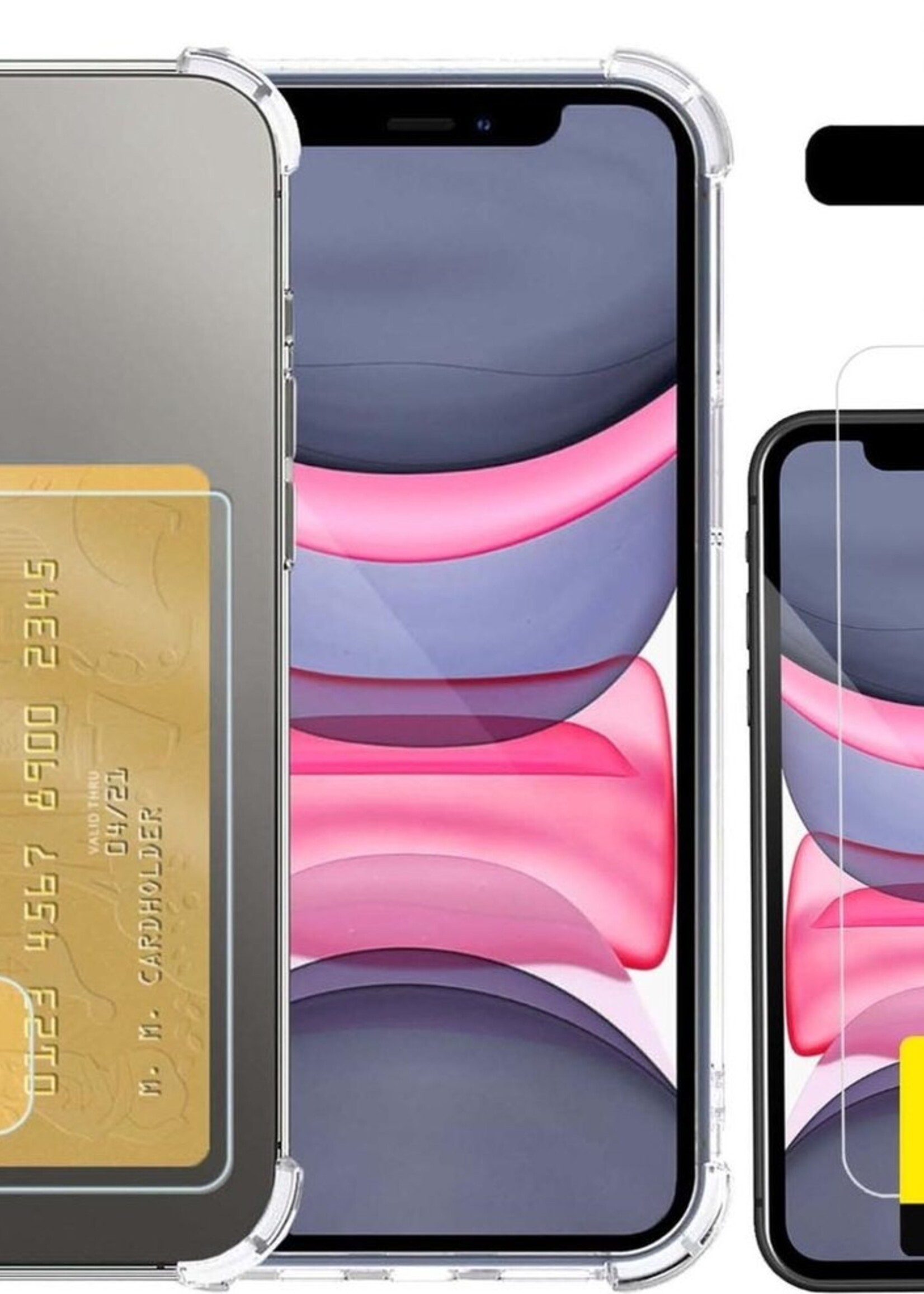 LUQ Hoesje Geschikt voor iPhone 11 Pro Max Hoesje Case Pashouder Cover Siliconen Met 2x Screenprotector - Hoes Geschikt voor iPhone 11 Pro Max Hoesje Met Kaarthouder- Transparant