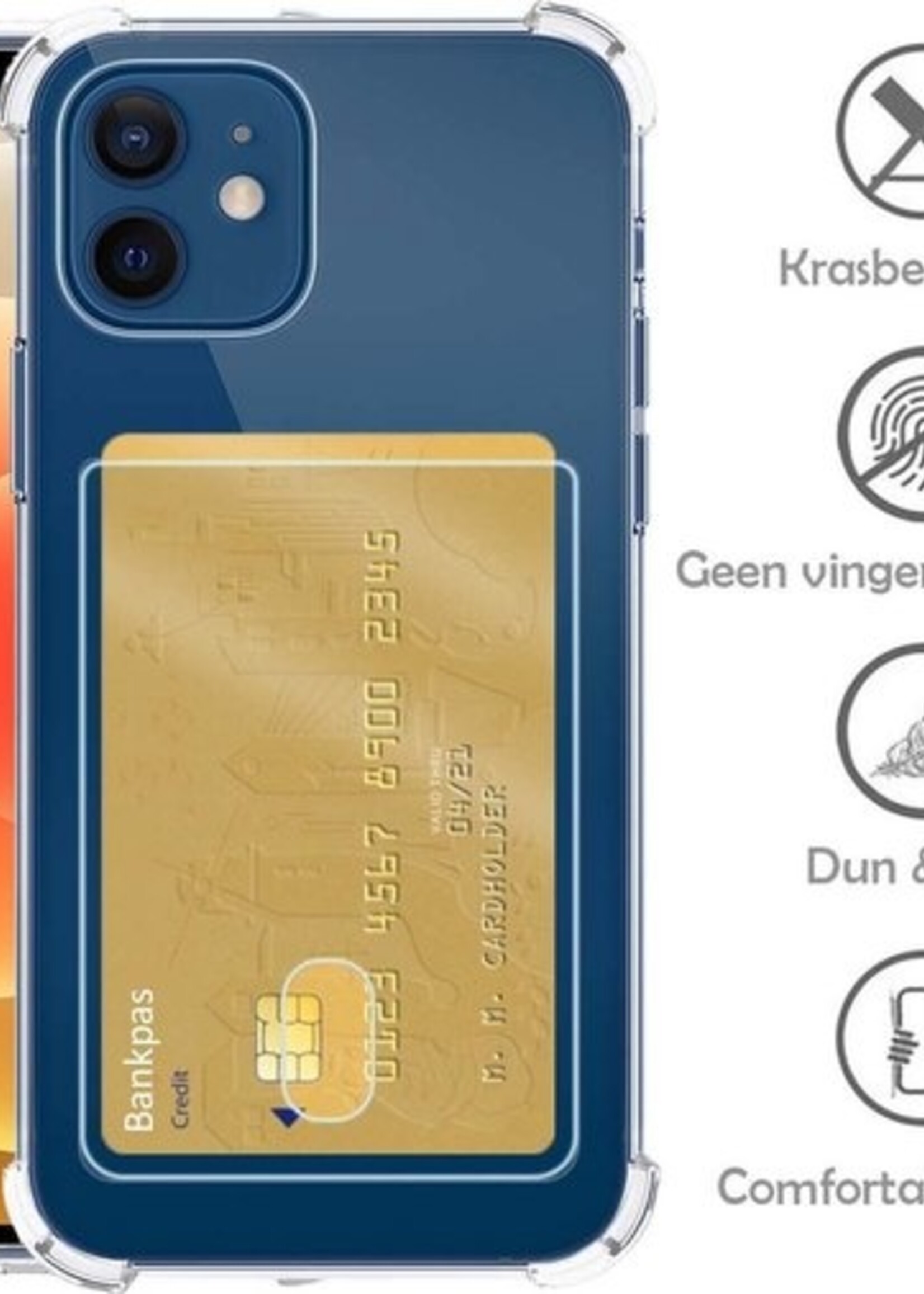 LUQ Hoesje Geschikt voor iPhone 12 Mini Hoesje Case Pashouder Cover Siliconen Met 2x Screenprotector - Hoes Geschikt voor iPhone 12 Mini Hoesje Met Kaarthouder- Transparant