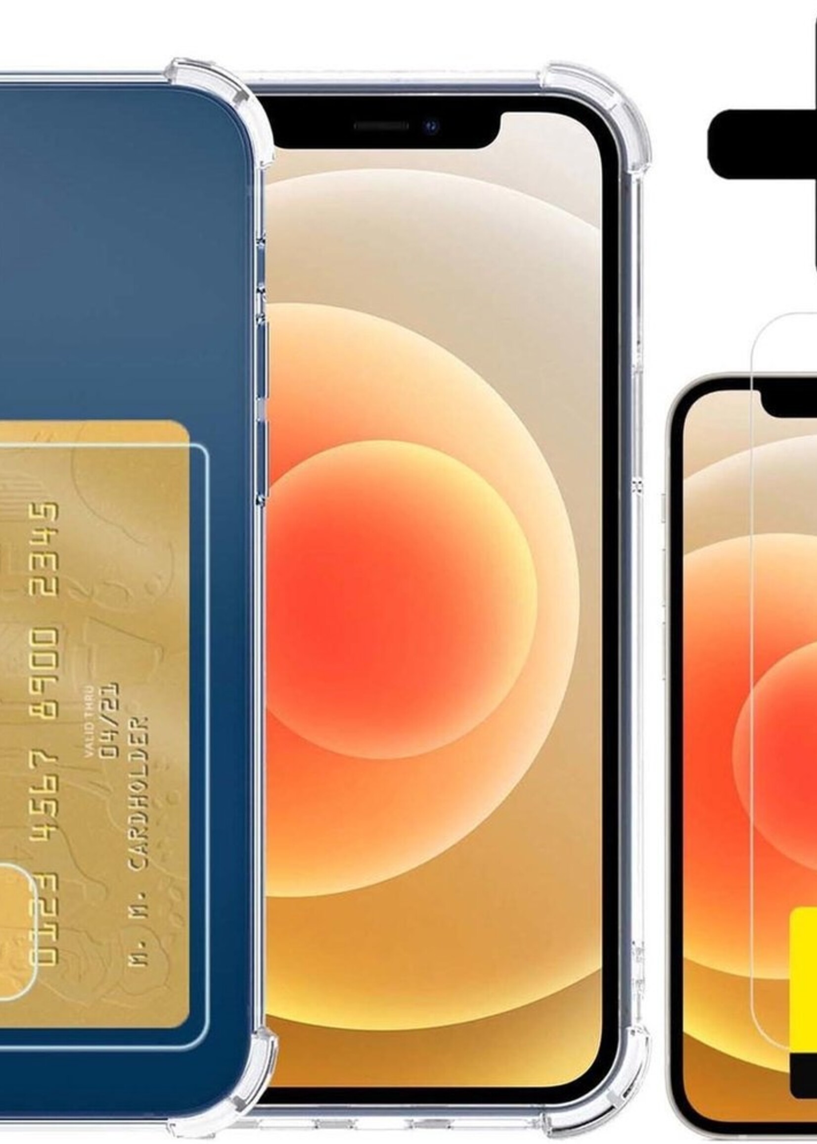 LUQ Hoesje Geschikt voor iPhone 12 Hoesje Case Pashouder Cover Siliconen Met 2x Screenprotector - Hoes Geschikt voor iPhone 12 Hoesje Met Kaarthouder- Transparant