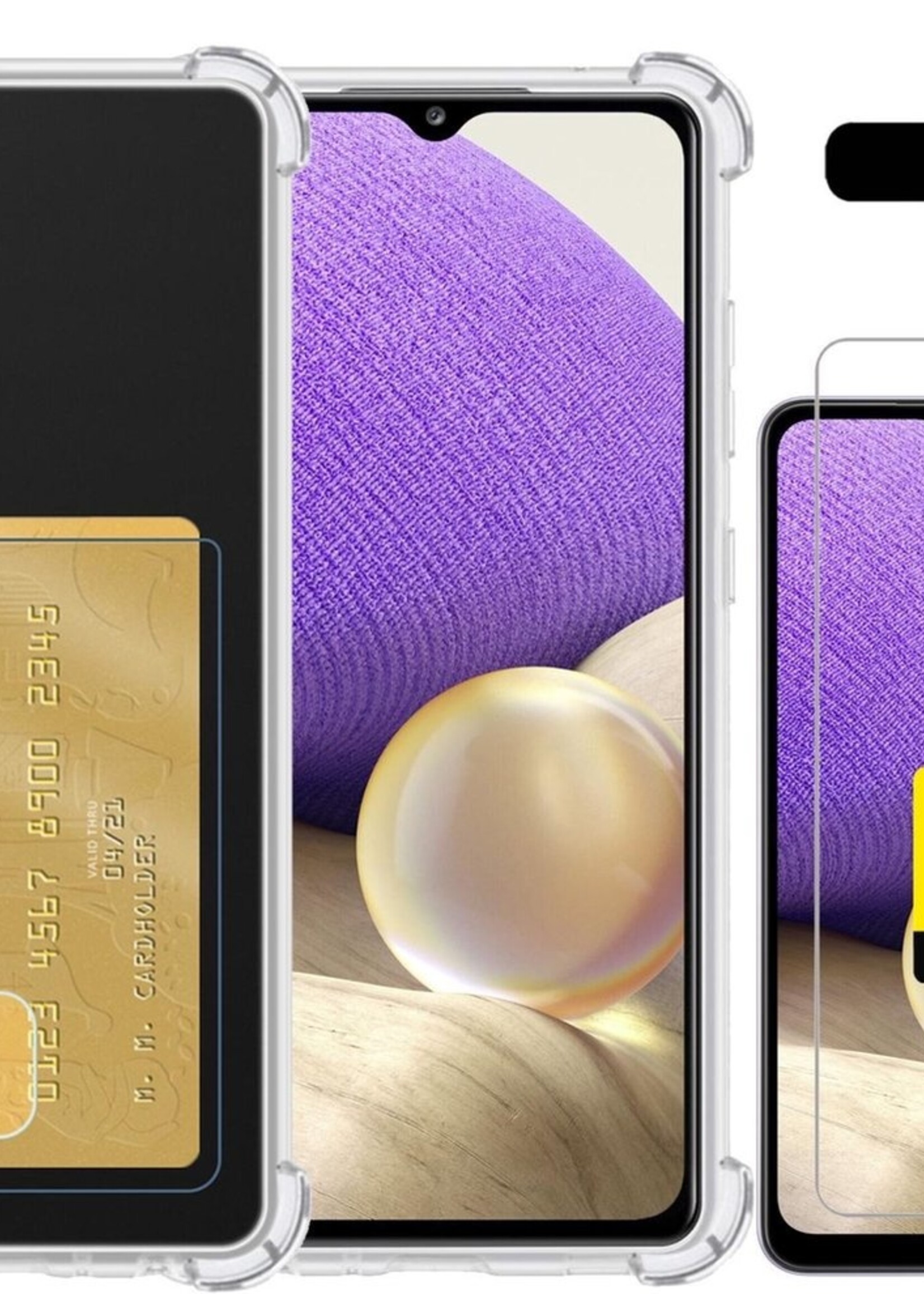 LUQ Hoesje Geschikt voor Samsung A32 5G Hoesje Case Pashouder Cover Siliconen Met 2x Screenprotector - Hoes Geschikt voor Samsung Galaxy A32 5G Hoesje Met Kaarthouder- Transparant