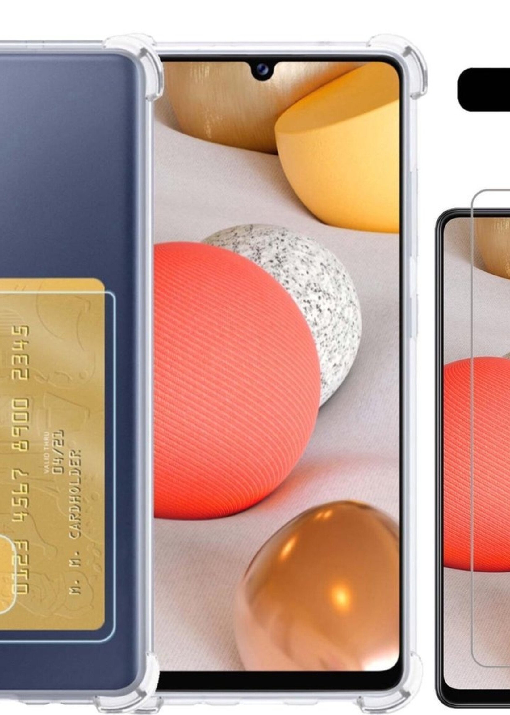 LUQ Hoesje Geschikt voor Samsung A42 Hoesje Case Pashouder Cover Siliconen Met Screenprotector - Hoes Geschikt voor Samsung Galaxy A42 Hoesje Met Kaarthouder- Transparant