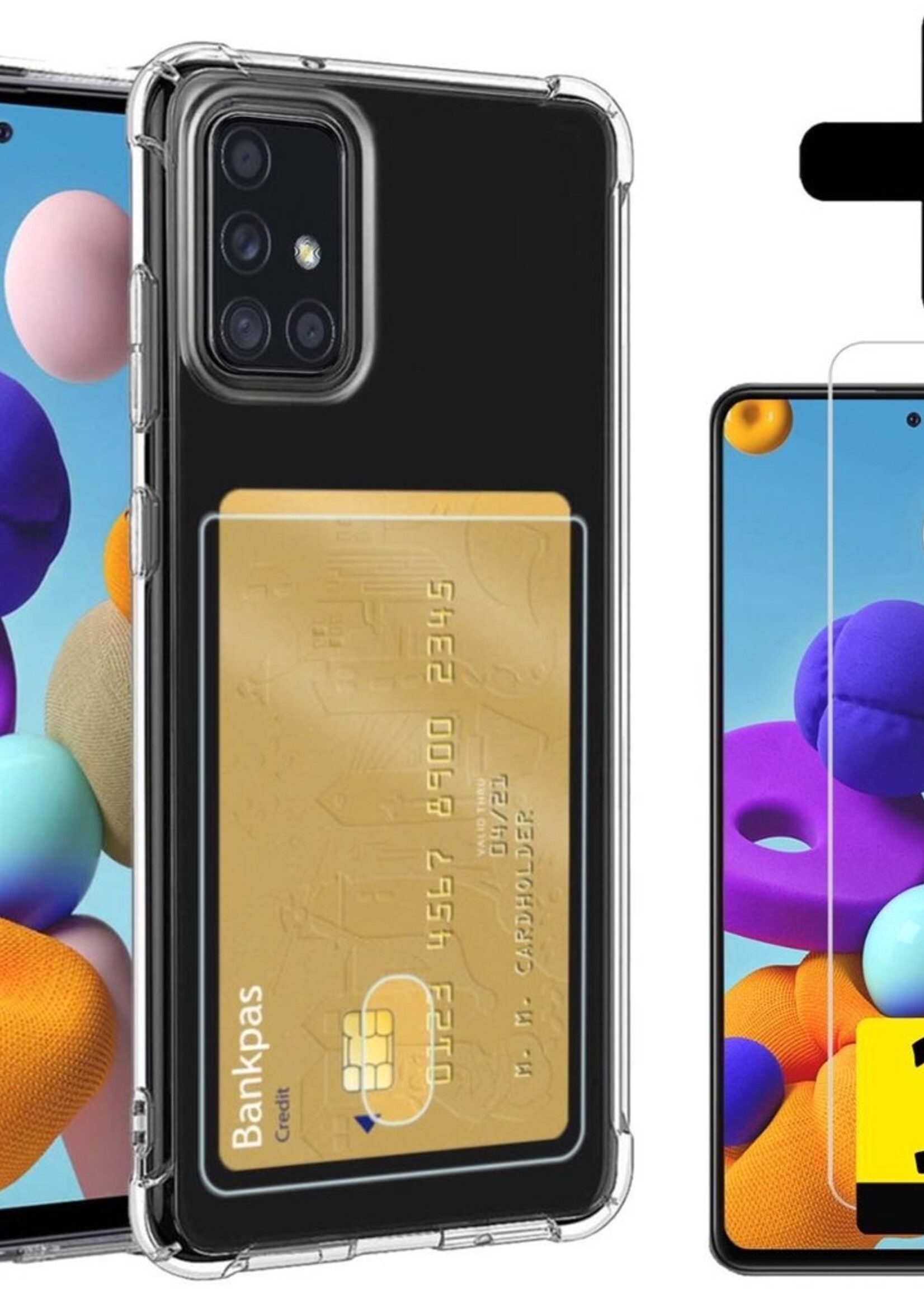 LUQ Hoesje Geschikt voor Samsung A51 Hoesje Case Pashouder Cover Siliconen Met 2x Screenprotector - Hoes Geschikt voor Samsung Galaxy A51 Hoesje Met Kaarthouder- Transparant