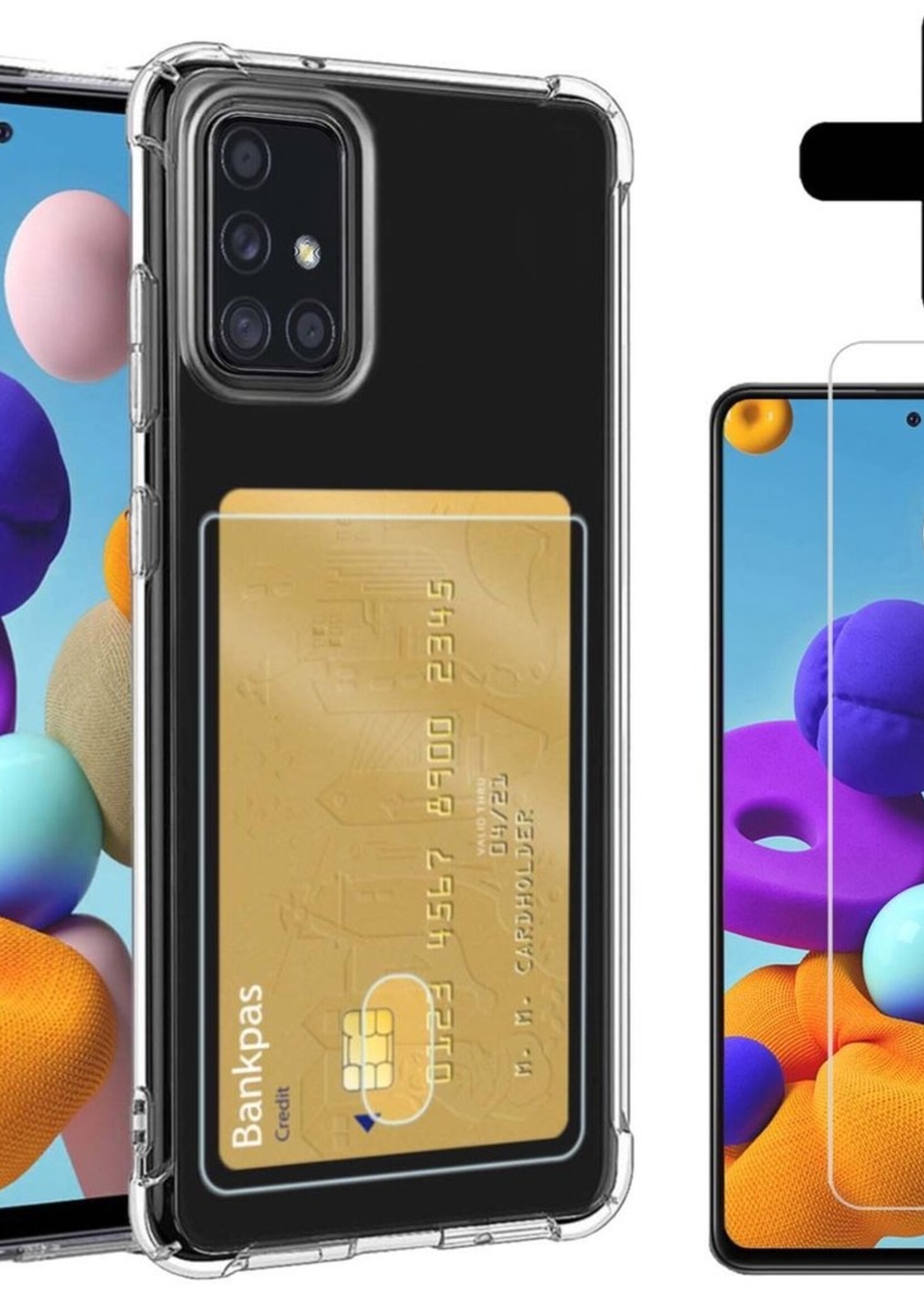 LUQ Hoesje Geschikt voor Samsung A71 Hoesje Case Pashouder Cover Siliconen Met Screenprotector - Hoes Geschikt voor Samsung Galaxy A71 Hoesje Met Kaarthouder- Transparant