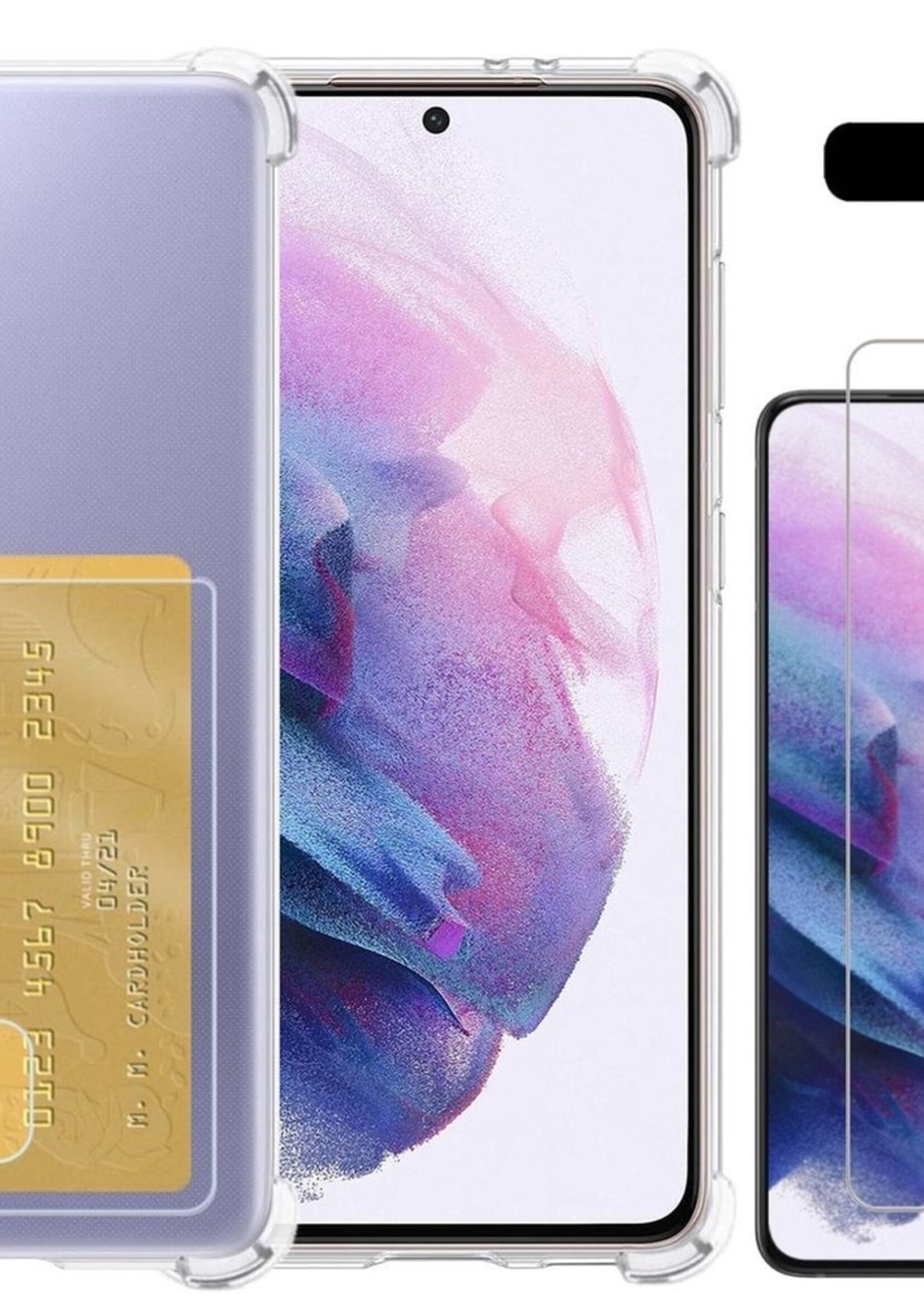 LUQ Hoesje Geschikt voor Samsung S21 Hoesje Case Pashouder Cover Siliconen Met Screenprotector - Hoes Geschikt voor Samsung Galaxy S21 Hoesje Met Kaarthouder- Transparant