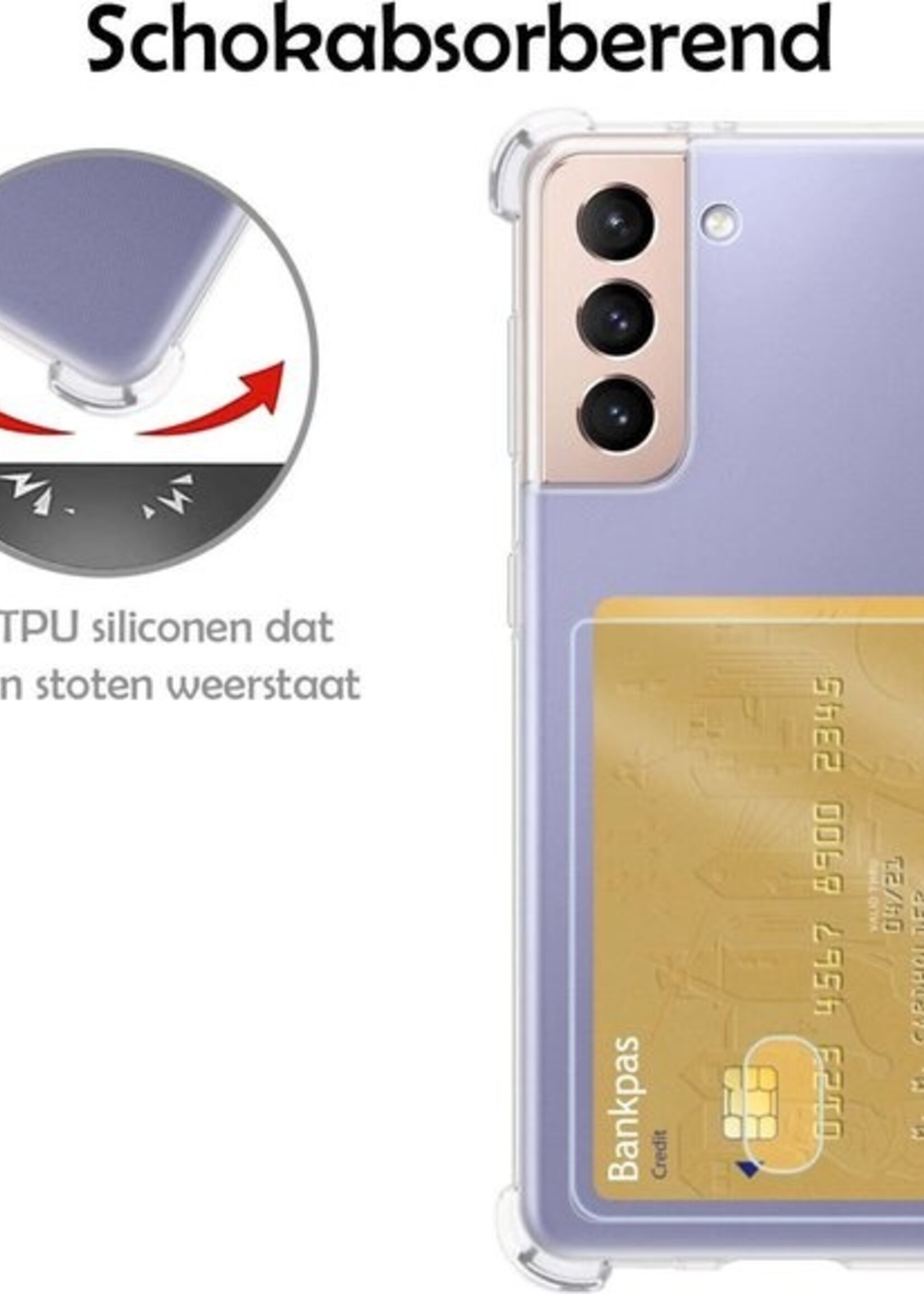LUQ Hoesje Geschikt voor Samsung S21 Hoesje Case Pashouder Cover Siliconen Met Screenprotector - Hoes Geschikt voor Samsung Galaxy S21 Hoesje Met Kaarthouder- Transparant