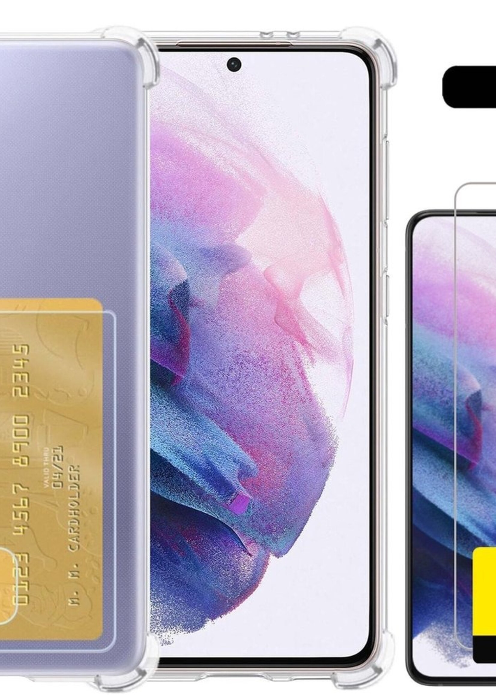 LUQ Hoesje Geschikt voor Samsung S21 Hoesje Case Pashouder Cover Siliconen Met 2x Screenprotector - Hoes Geschikt voor Samsung Galaxy S21 Hoesje Met Kaarthouder- Transparant