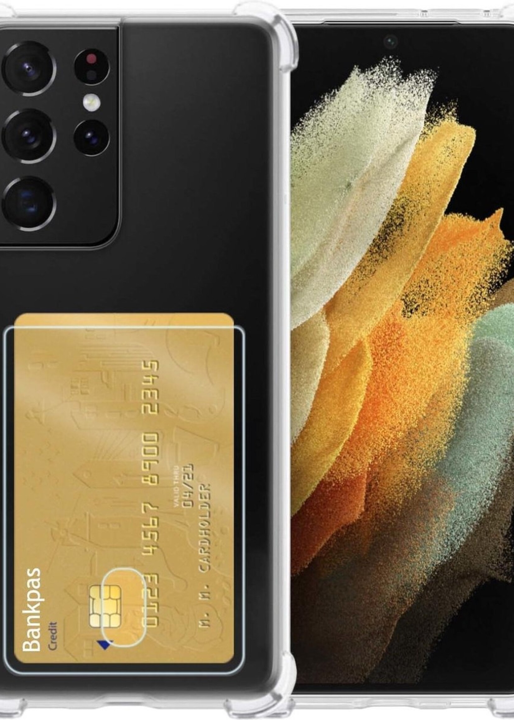 LUQ Hoesje Geschikt voor Samsung S21 Ultra Hoesje Case Pashouder Cover Siliconen - Hoes Geschikt voor Samsung Galaxy S21 Ultra Hoesje Met Kaarthouder - Transparant